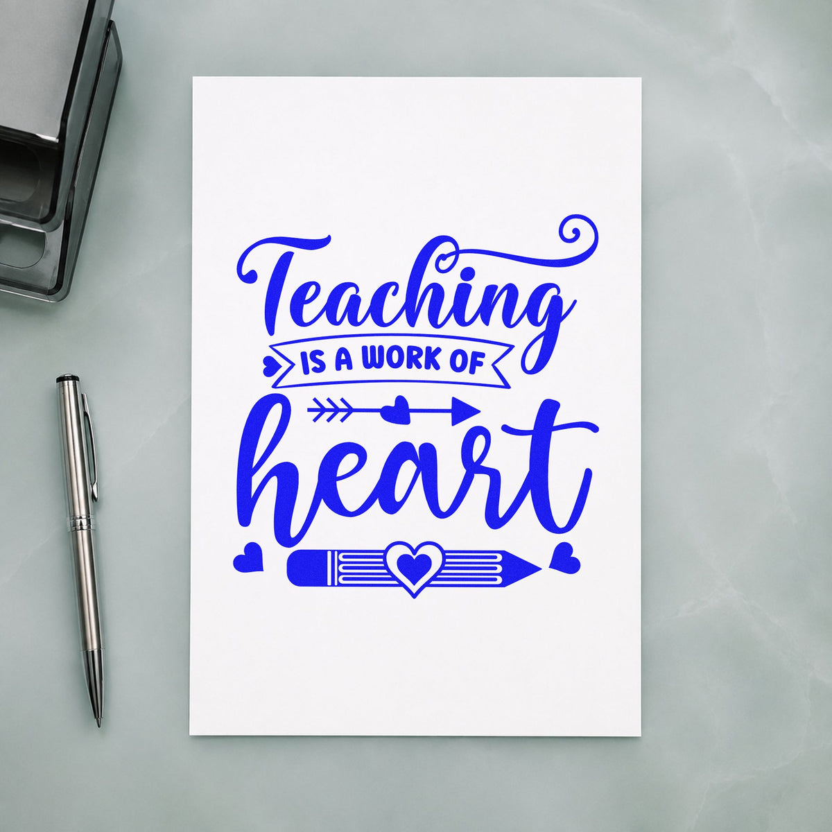 Teaching Work Of Heart Pencil craft stamp in blue ink on cardstock, an easy option for sash ribbon panels.