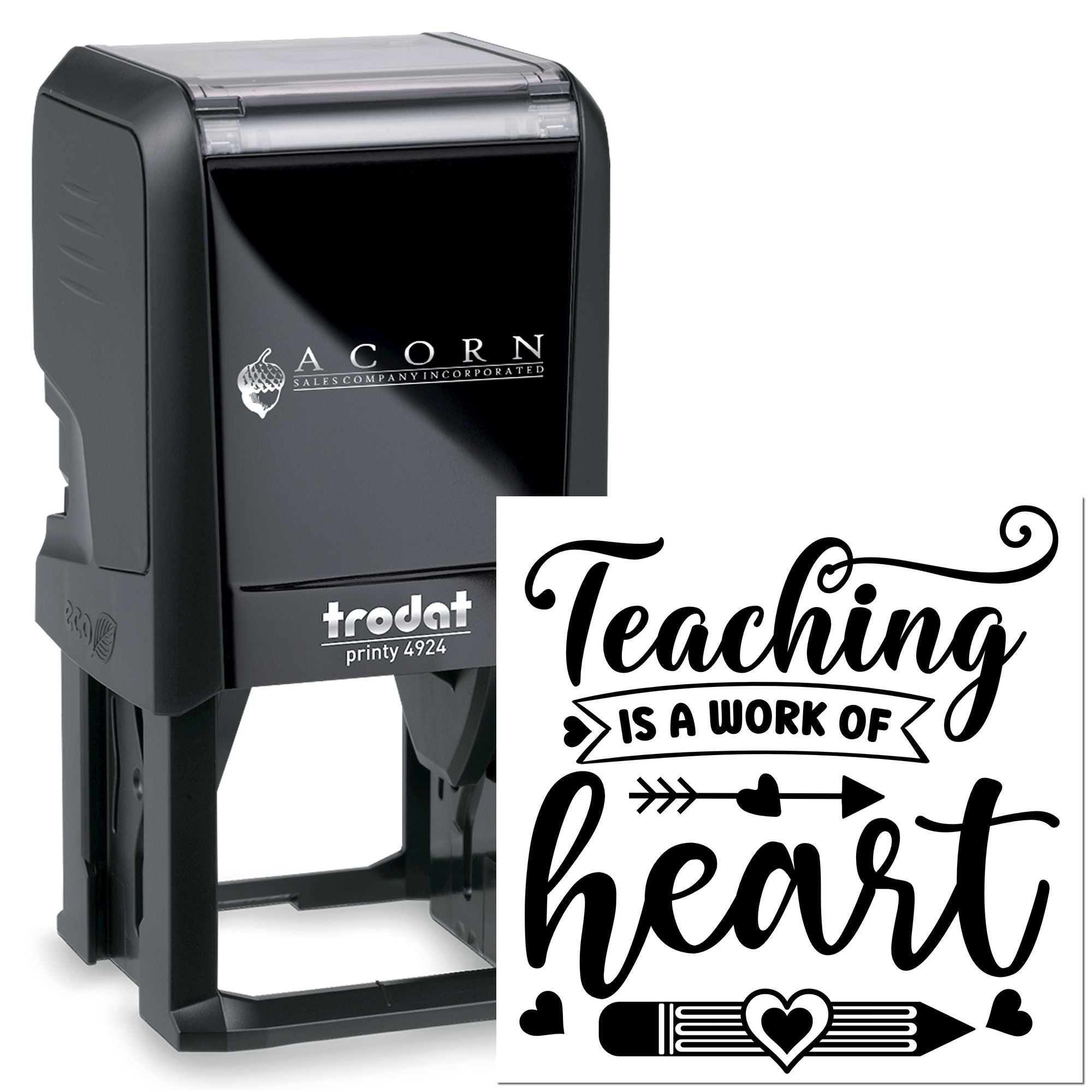 Trodat Printy 4924 self-inking rubber stamp with Teaching is a Work of Heart design for teacher appreciation and classroom use.