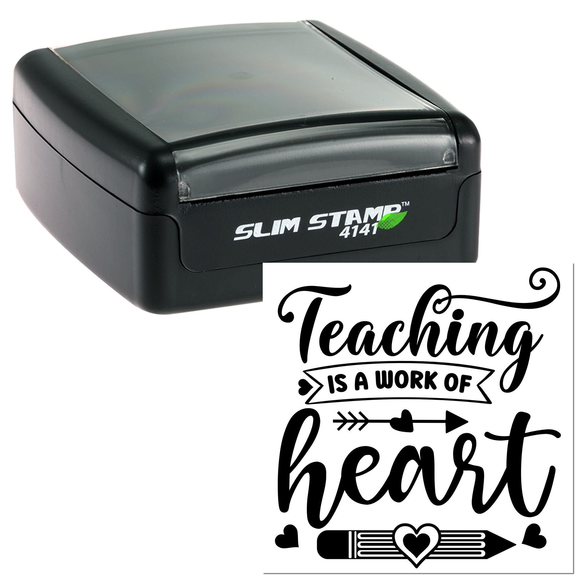 Self-inking custom teacher rubber stamp with Teaching Is a Work of Heart design.