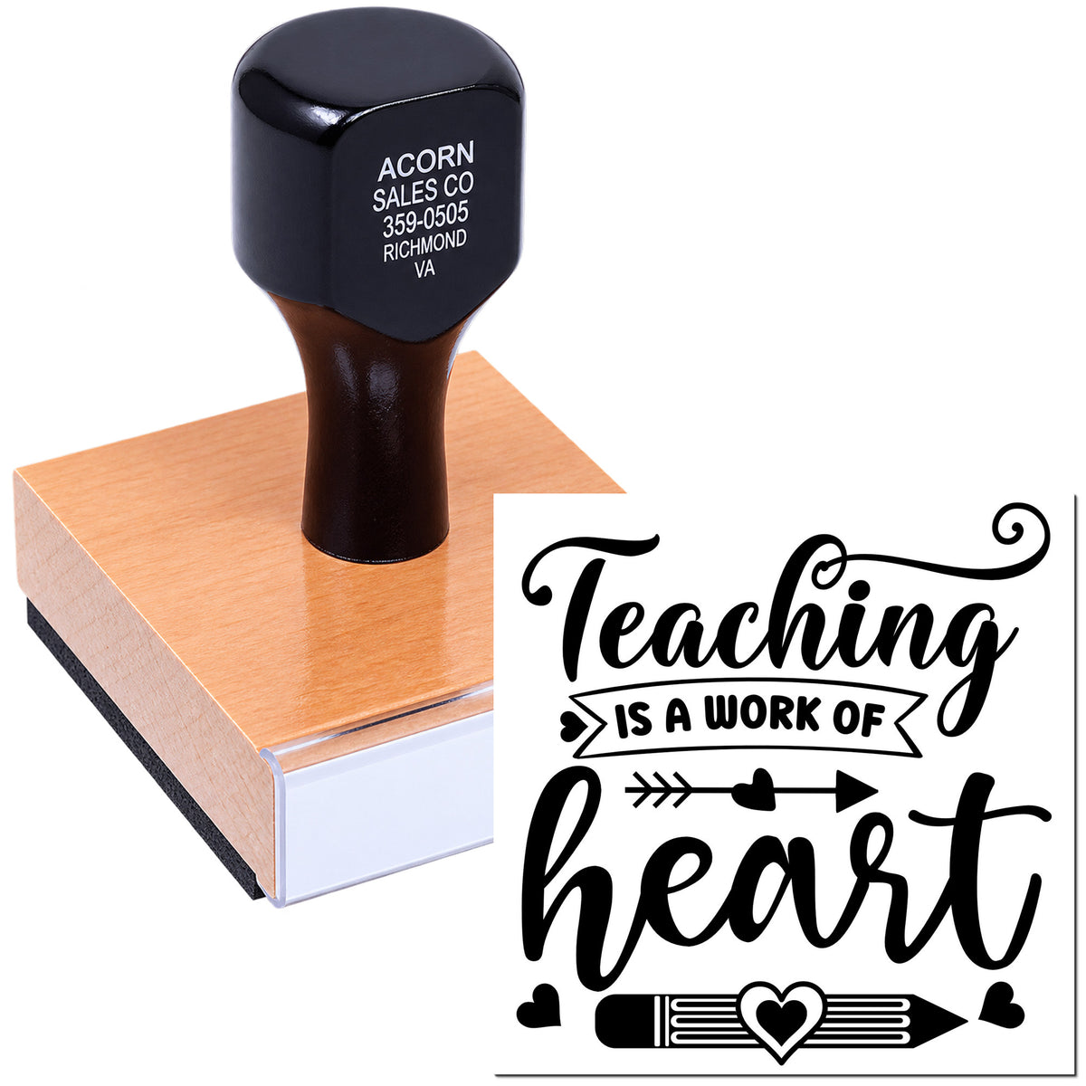 Custom Teaching Is a Work of Heart rubber stamp on wooden block for teachers, classroom crafts, and appreciation gifts.