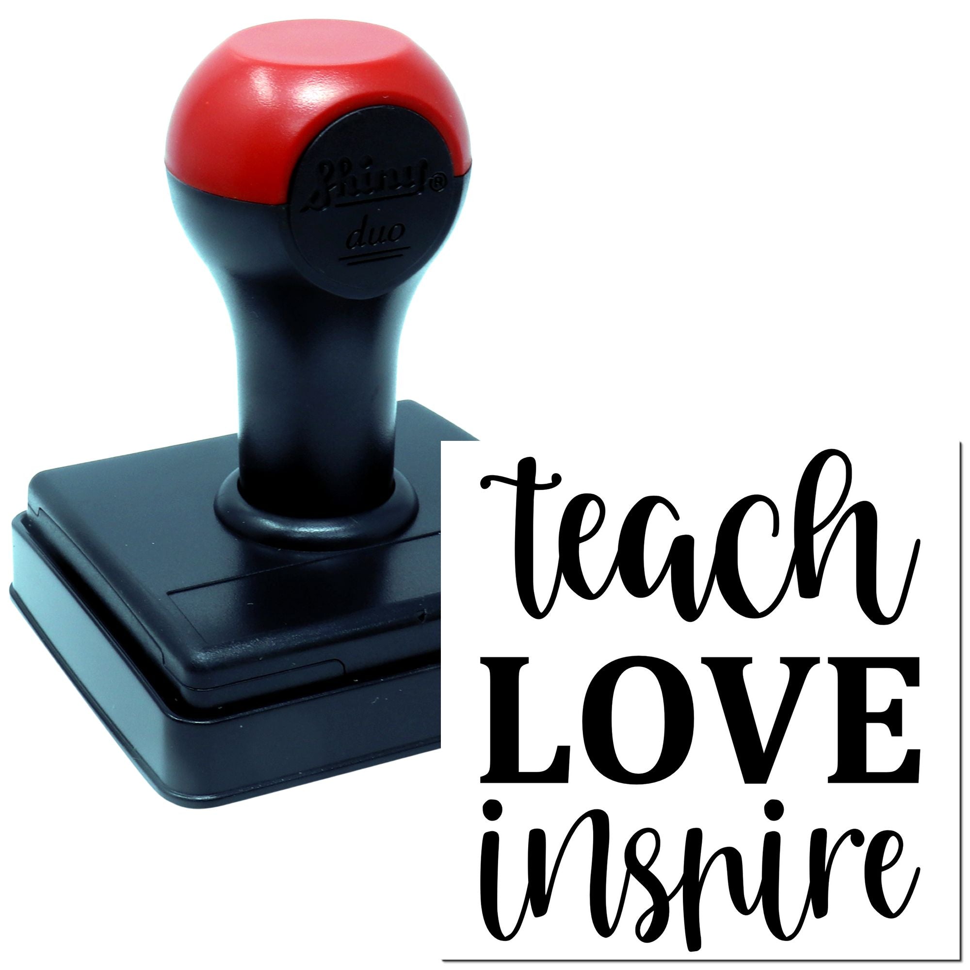 Self-inking teacher rubber stamp with Teach, Love, Inspire design for classroom crafts and educator gifts.
