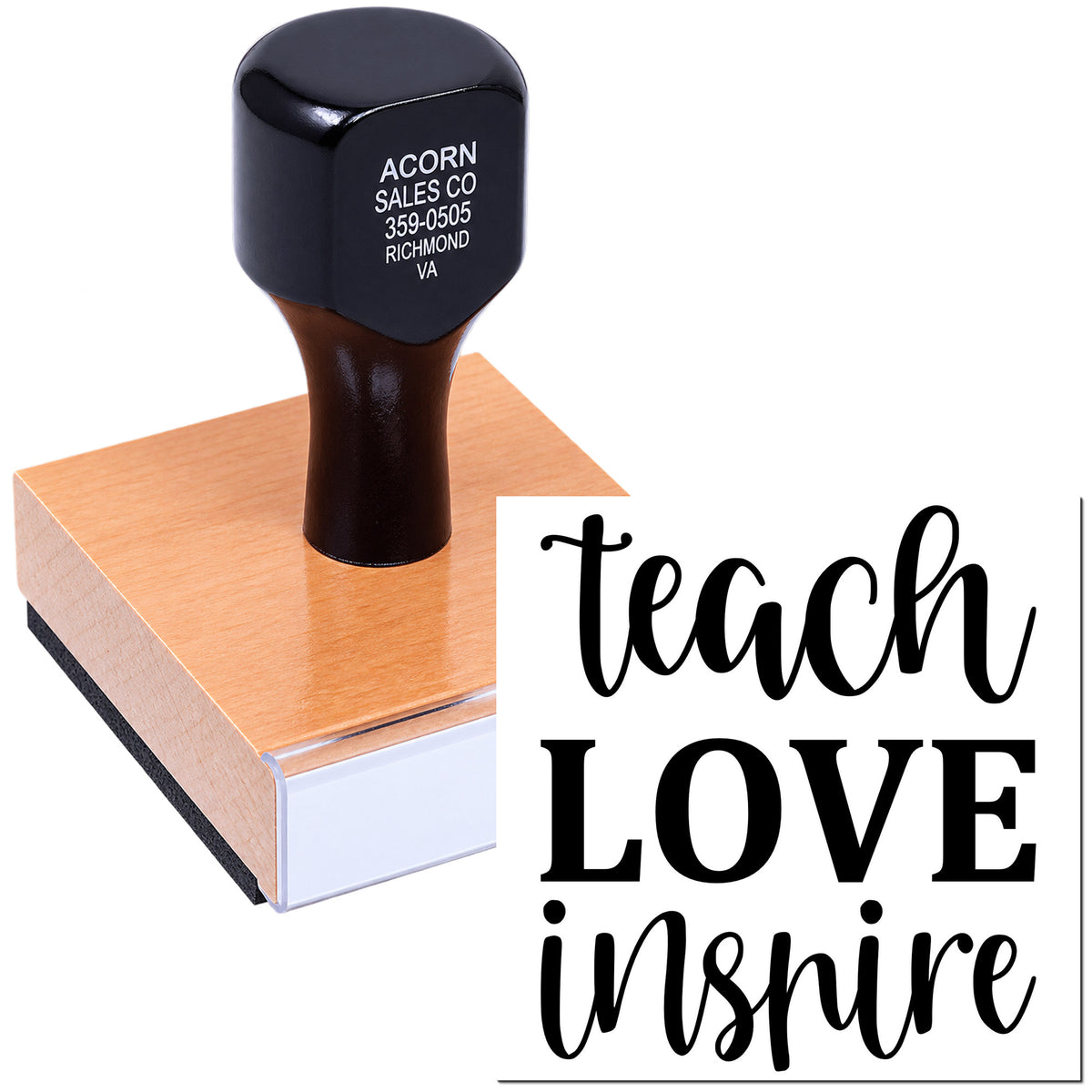 Custom rubber stamp with Teach Love Inspire design for teachers, classroom crafts, and inspirational stationery.