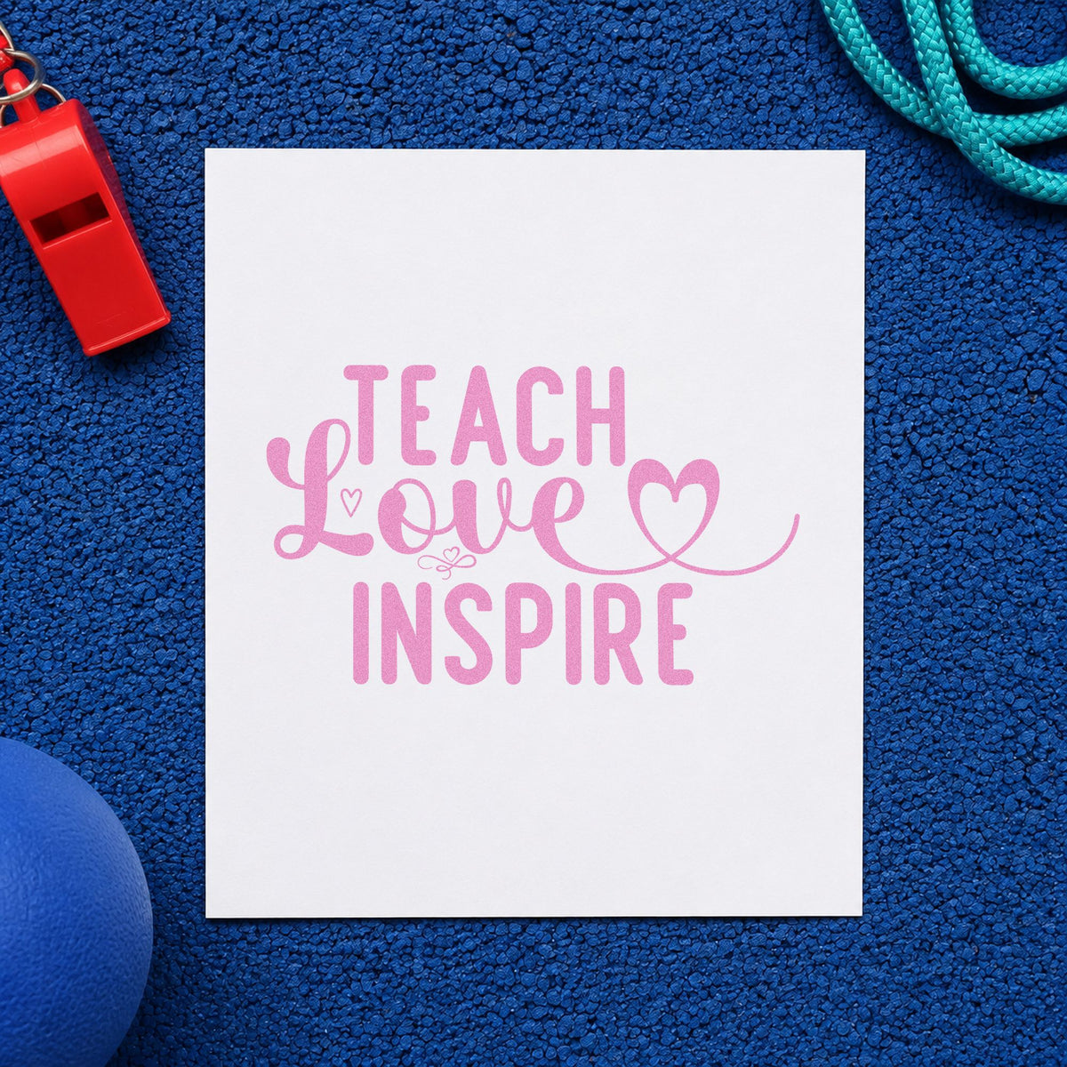 Teach Love Inspire Heart Flourish craft stamp in purple ink on cardstock, an easy option for valentine gift tags.