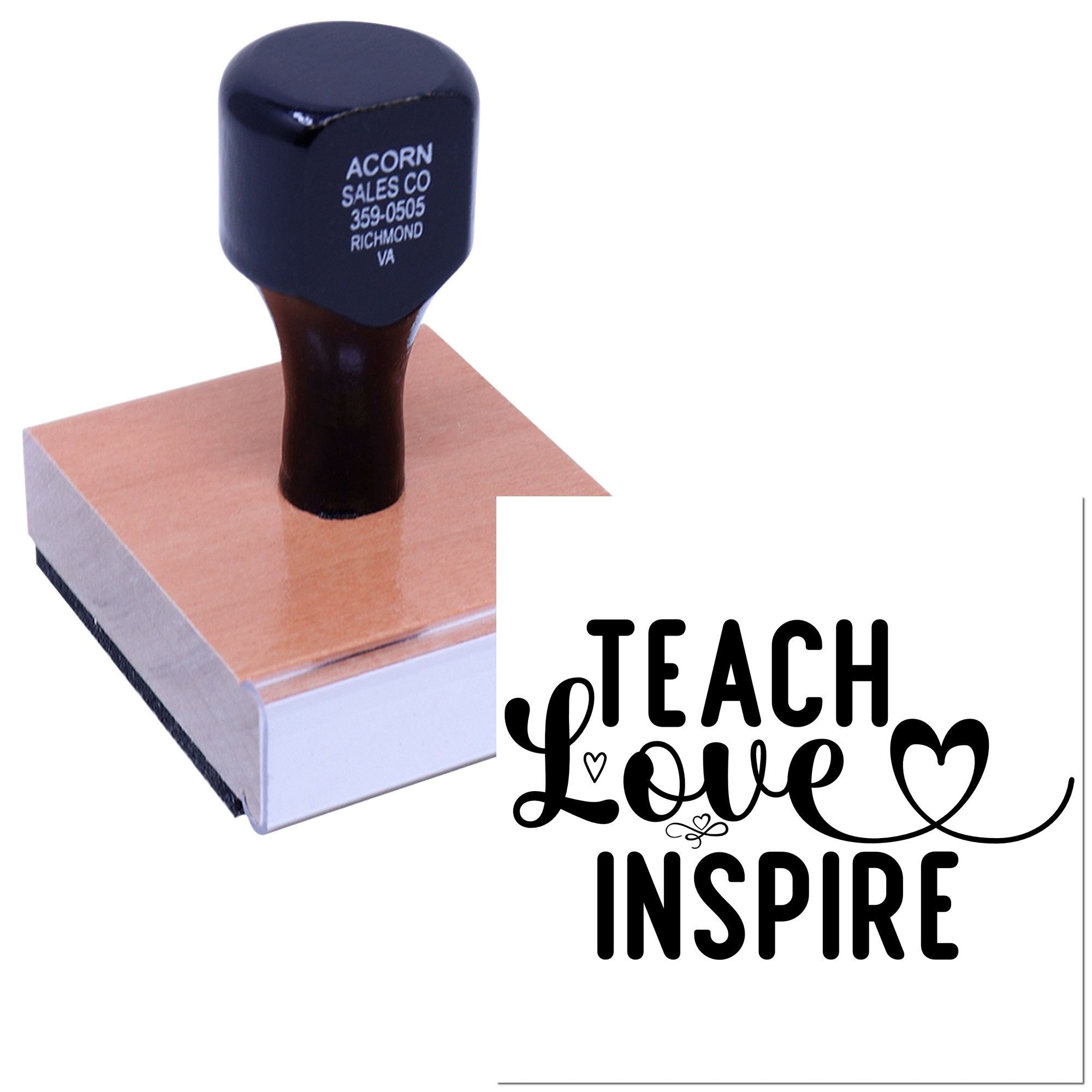 Teacher rubber stamp with Teach Love Inspire design, perfect for classroom projects, gifts, and inspirational stamping.
