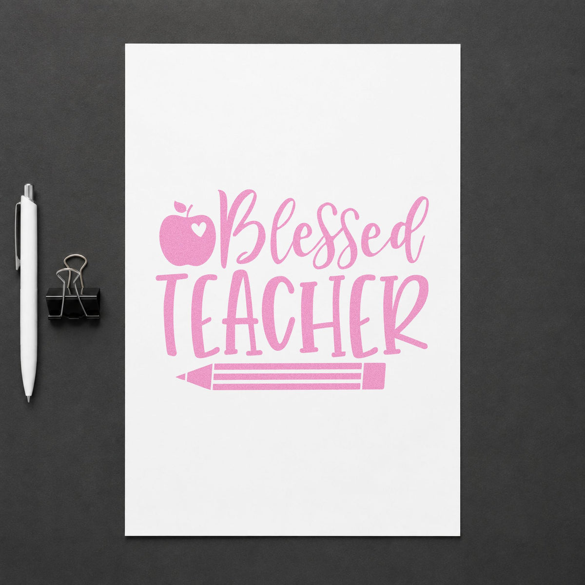 Blessed Teacher Apple Pencil craft stamp in purple ink on cardstock, an easy option for appointment tags.