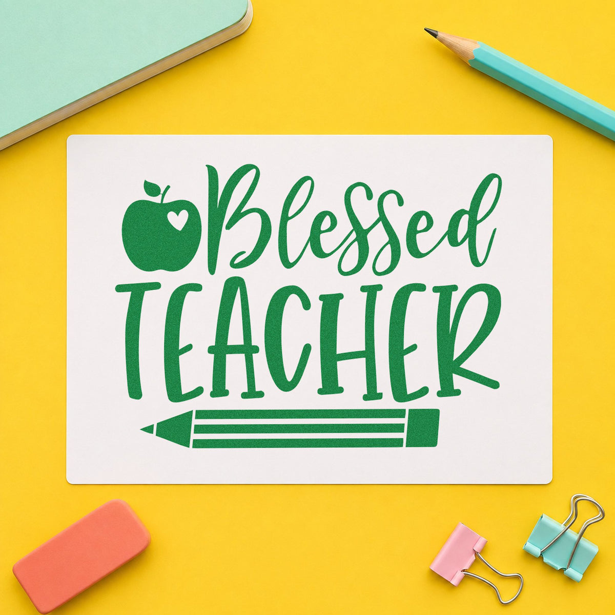 Blessed Teacher Apple Pencil craft stamp imprint in green ink on a handmade project, one idea being prayer diary pages.