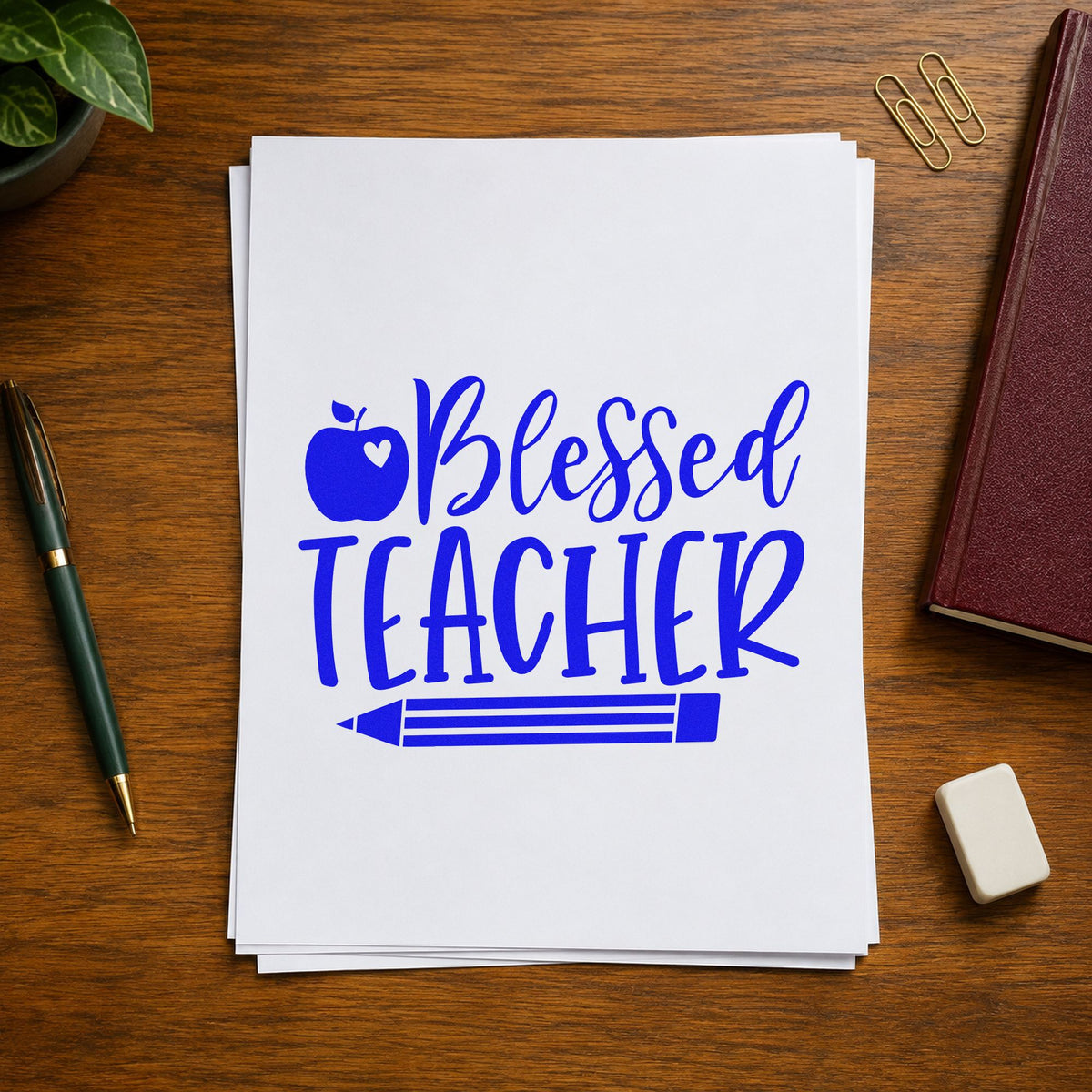 Blessed Teacher Apple Pencil craft stamp imprinted in blue ink on paper, a design suited to welcome pack seals.