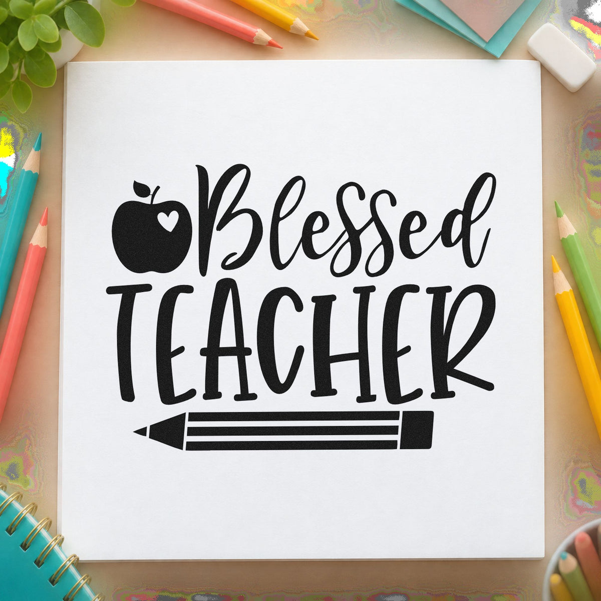 Blessed Teacher Apple Pencil rubber stamp printed in black ink, ready for between marks cards and similar paper crafts.