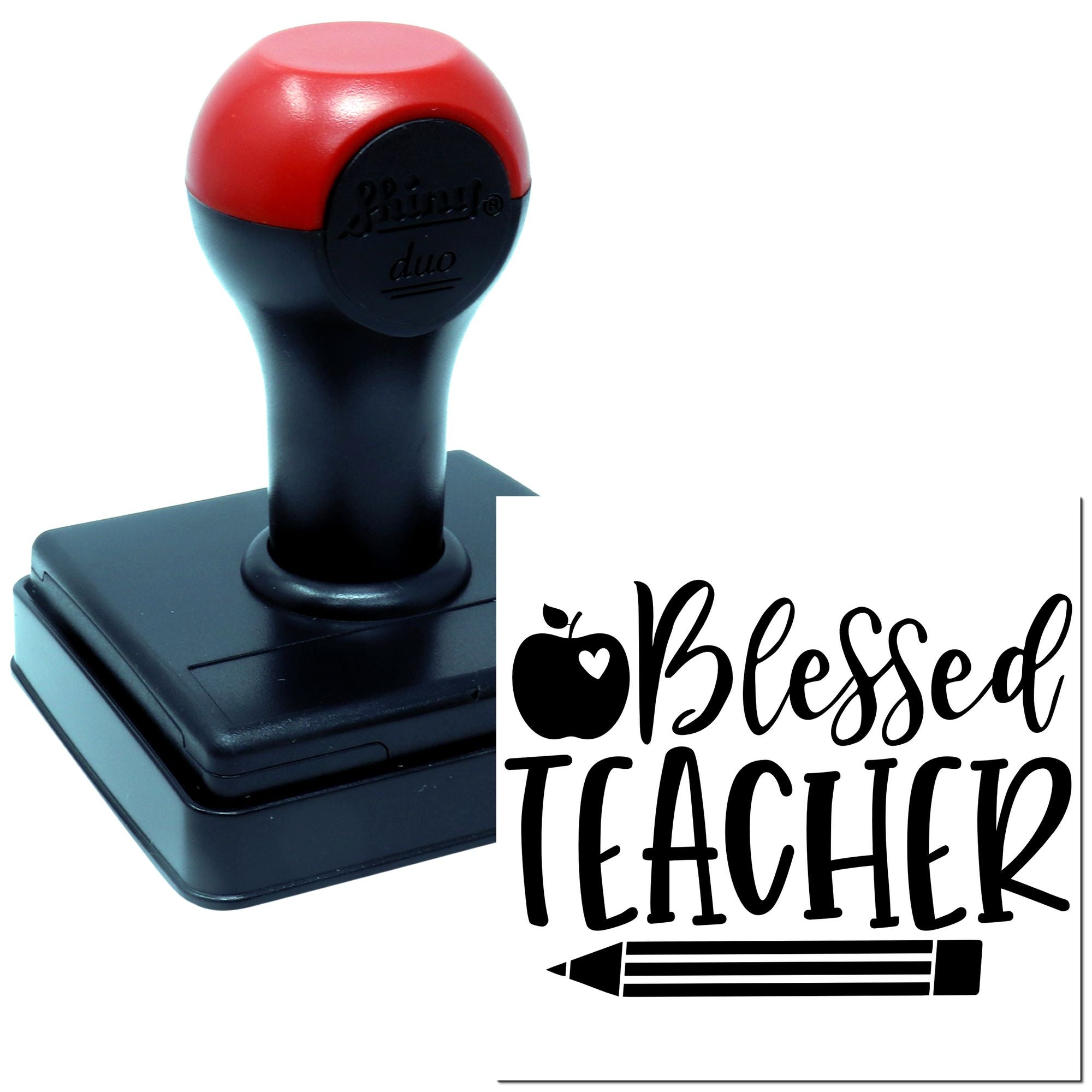 Custom self-inking rubber stamp with Blessed Teacher design, apple icon, and pencil graphic, ideal for teachers and classroom gifts.