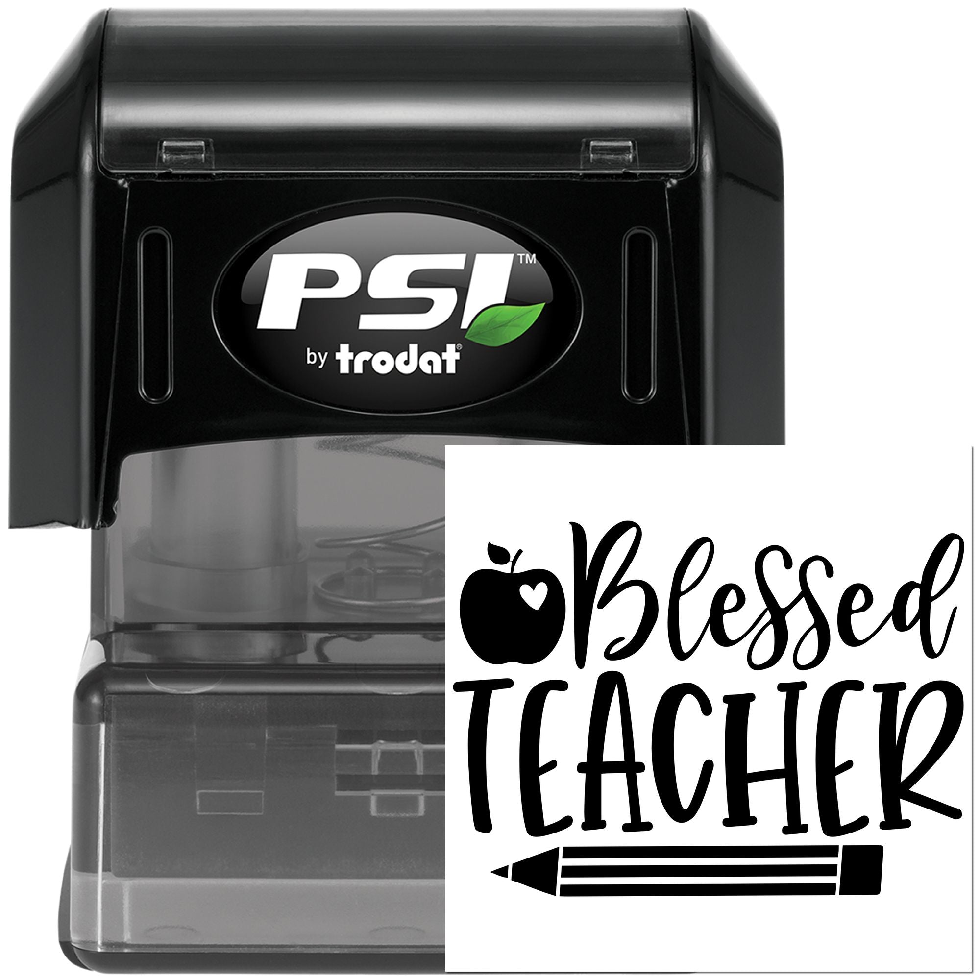 Blessed Teacher self-inking rubber stamp by PSI Trodat, featuring apple and pencil design for classroom use.