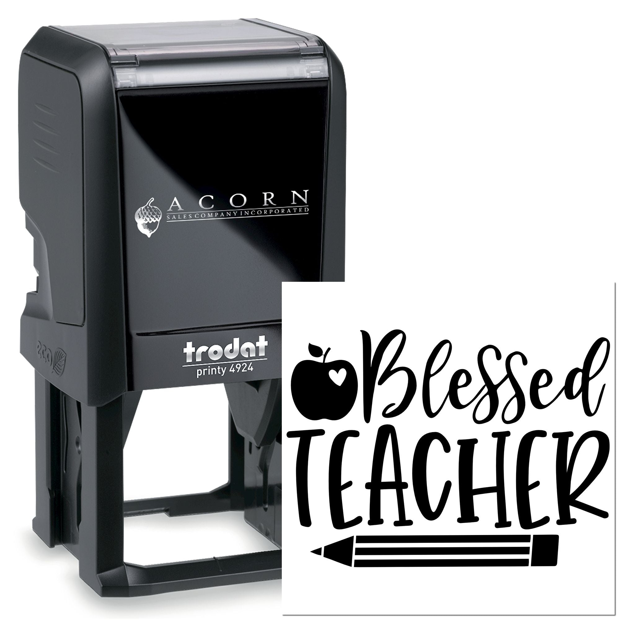 Custom self-inking teacher rubber stamp with Blessed Teacher design, apple icon, and pencil for classroom marking.