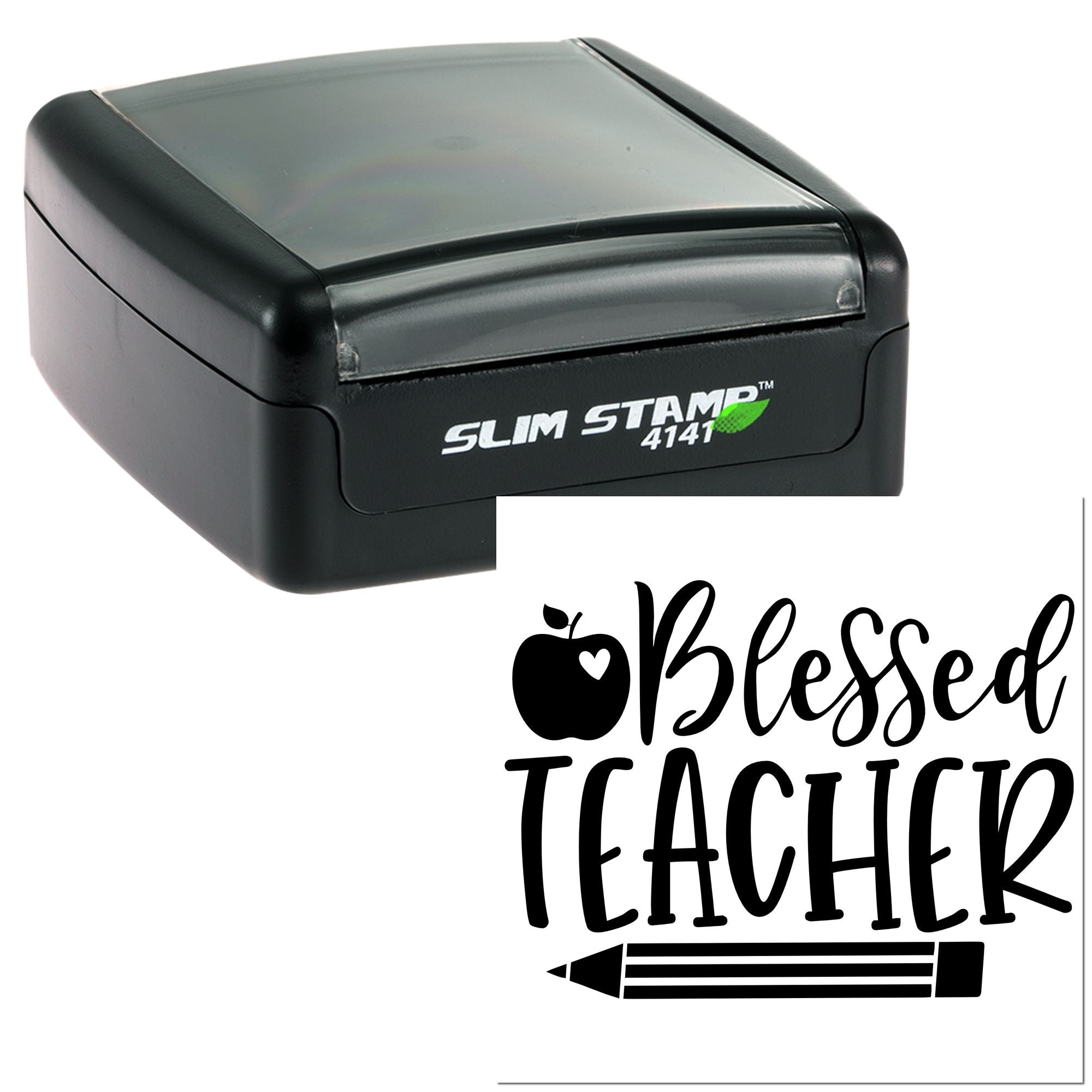 Self-inking rubber stamp with Blessed Teacher apple and pencil design for teacher gifts, classroom marking, and custom stamping.