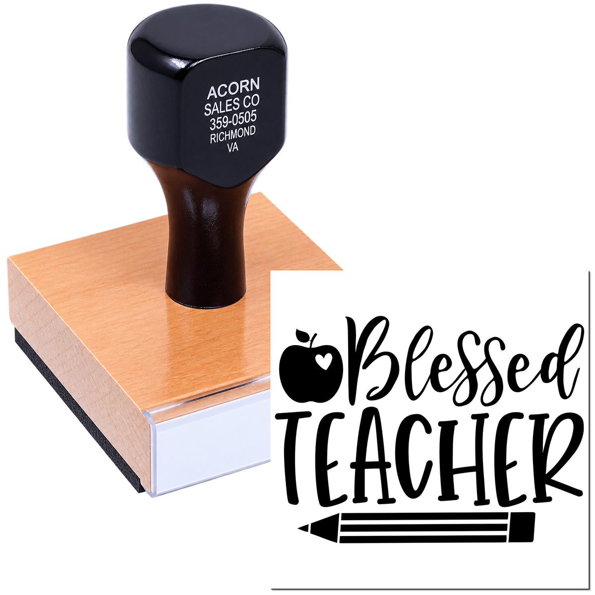 Blessed Teacher rubber stamp with apple and pencil design for classroom gifts and teacher appreciation.