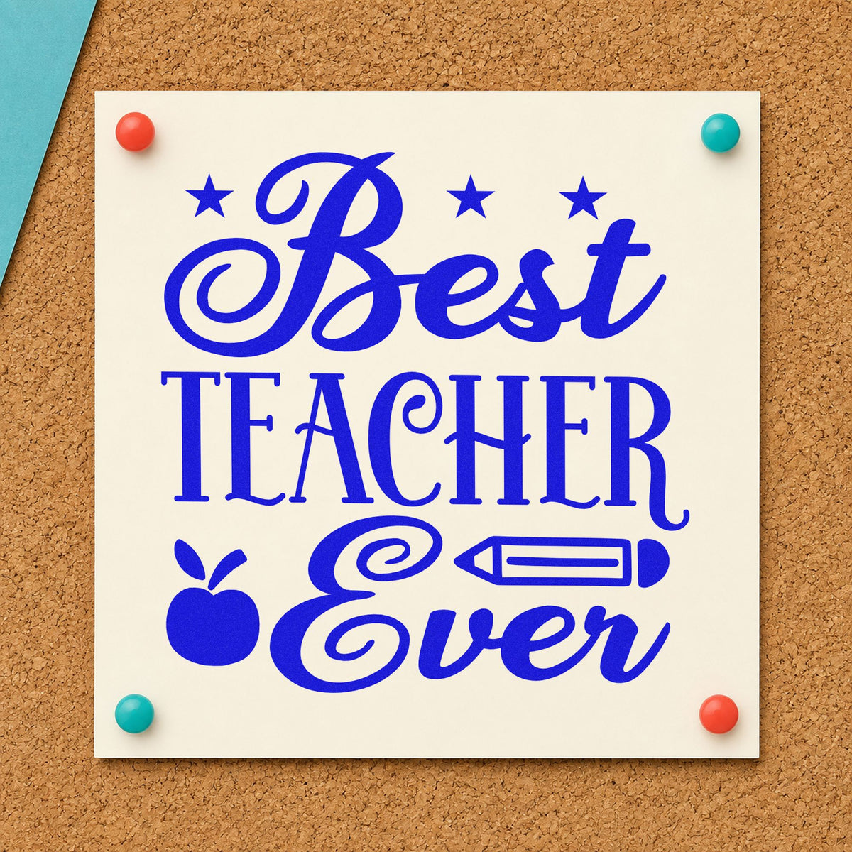 Best Teacher Ever Stars craft stamp in blue ink on cardstock, an easy option for rosette ribbon panels.