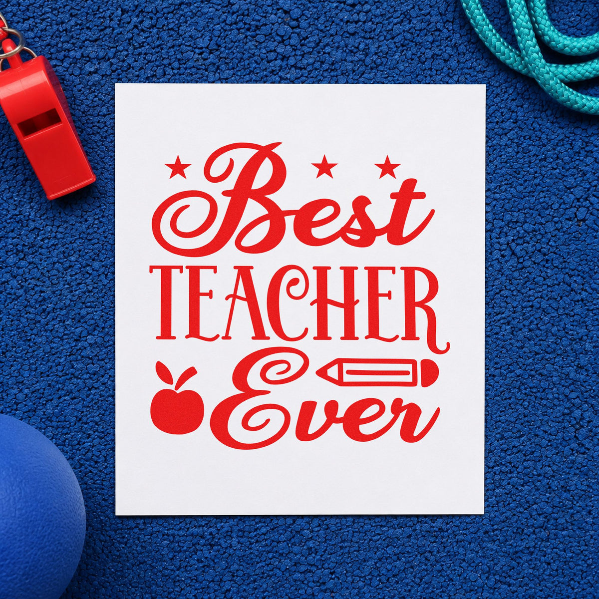 Best Teacher Ever Stars rubber stamp shown in red ink, stamped for projects such as results day notes.