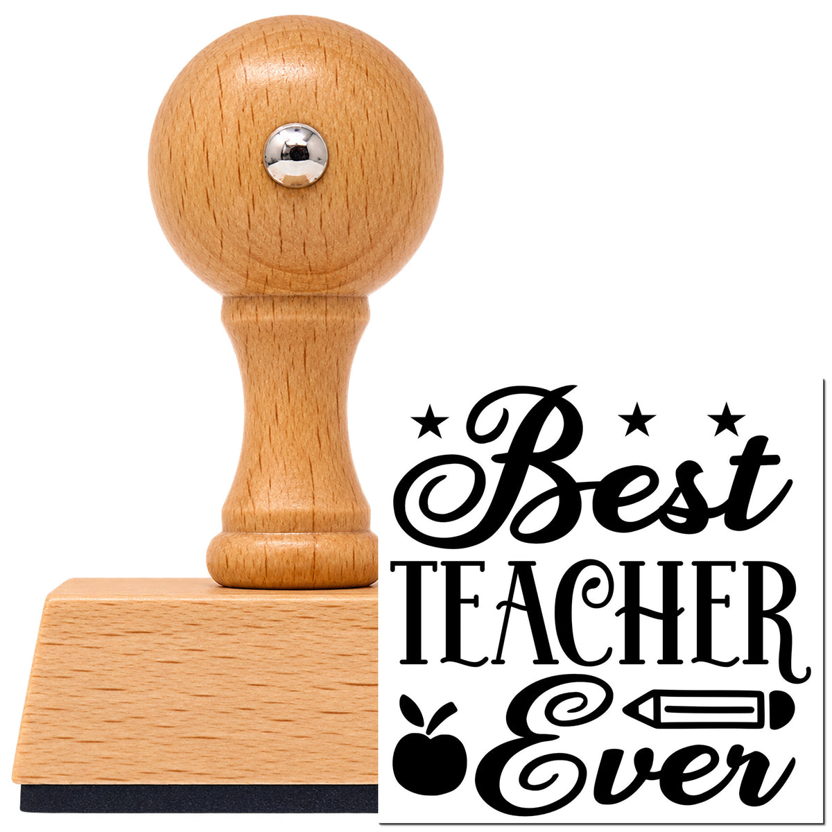 Best Teacher Ever Stars Vintage Pro rubber stamp in European beech wood with a round knob handle, shown beside its black imprint.
