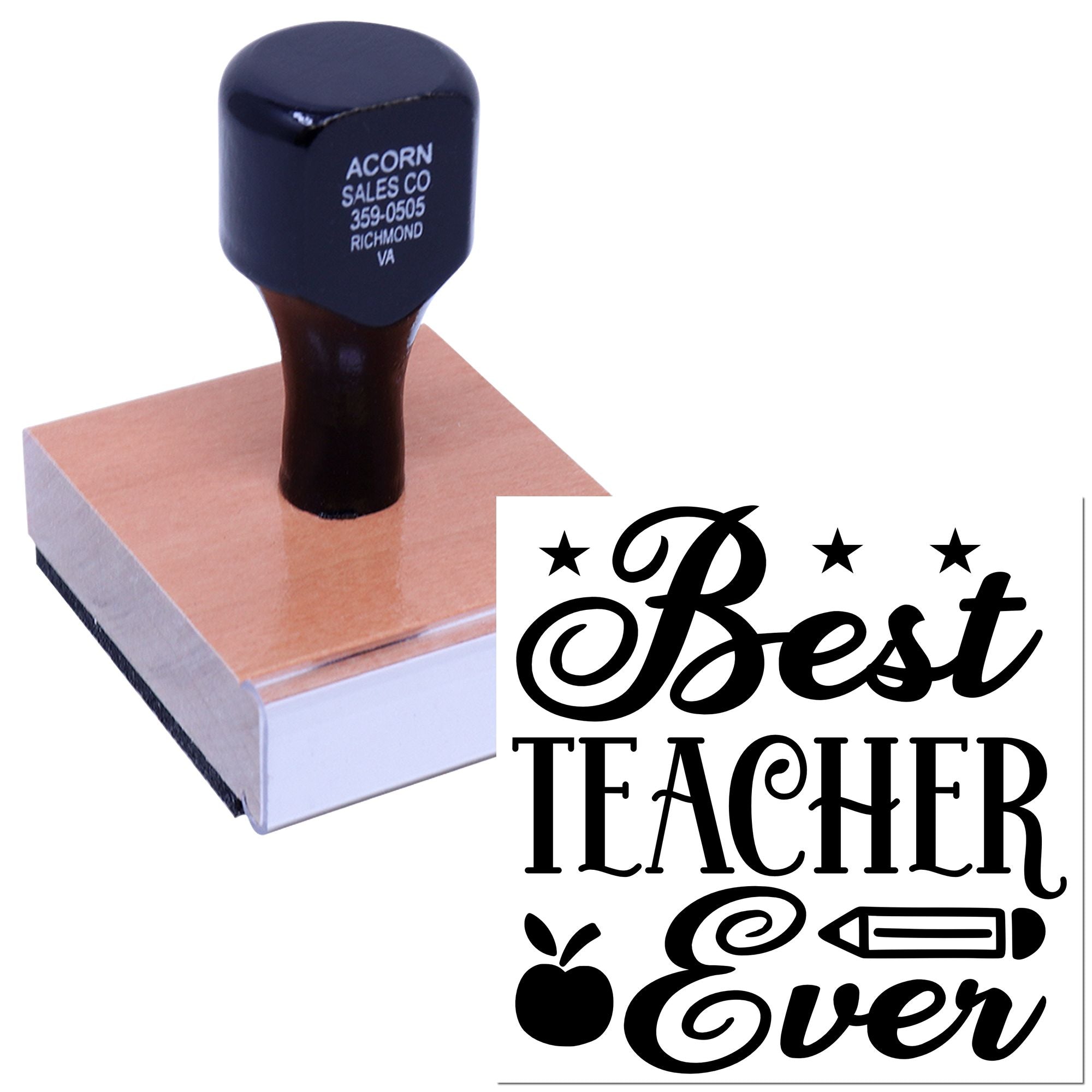 Custom rubber stamp featuring Best Teacher Ever for teacher appreciation gifts, classroom projects, and personalized stamping.