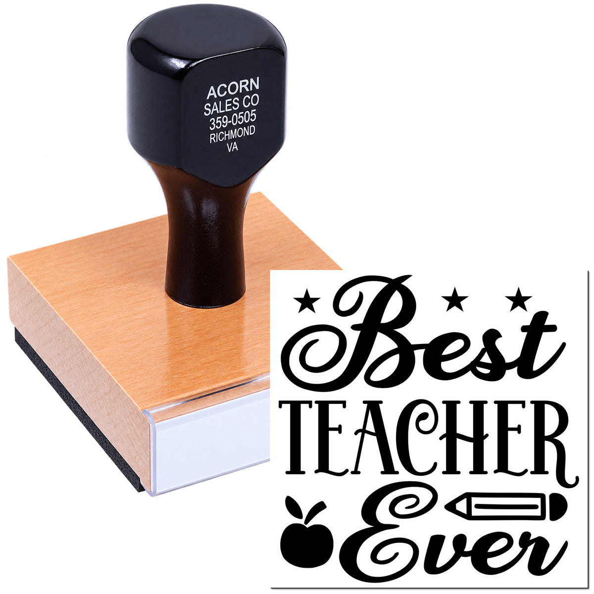 Custom rubber stamp featuring Best Teacher Ever for teacher appreciation gifts, classroom projects, and personalized stamping.