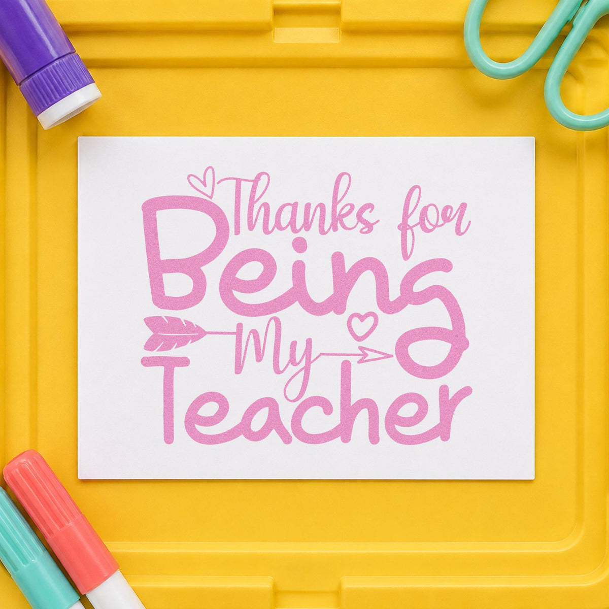 Thanks For Being My Teacher craft stamp in purple ink on cardstock, an easy option for writing task tags.