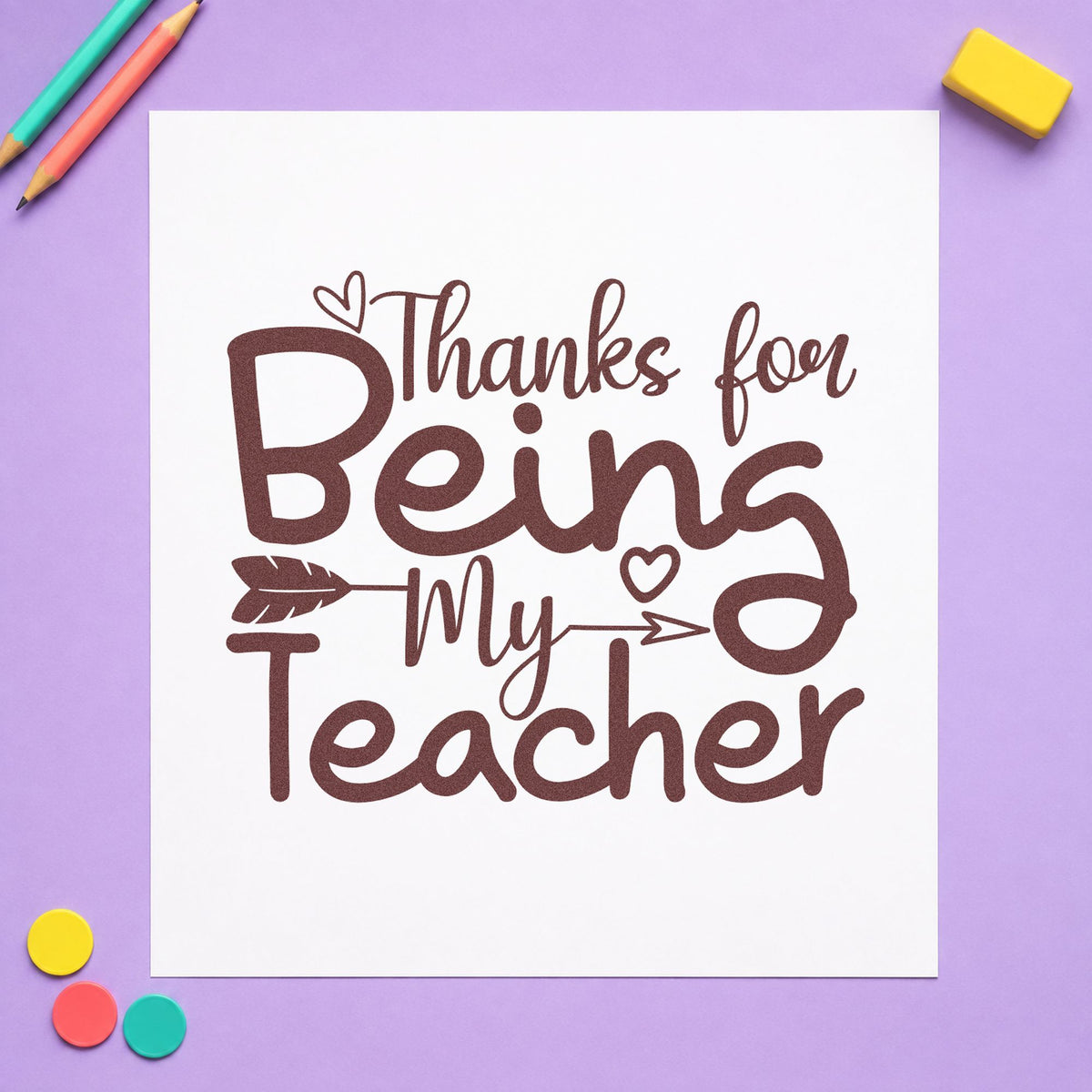 Thanks For Being My Teacher rubber stamp printed in brown ink, ready for post box labels and similar paper crafts.