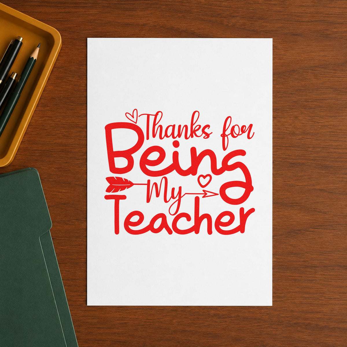 Thanks For Being My Teacher rubber stamp shown in red ink, stamped for projects such as last lesson notes.
