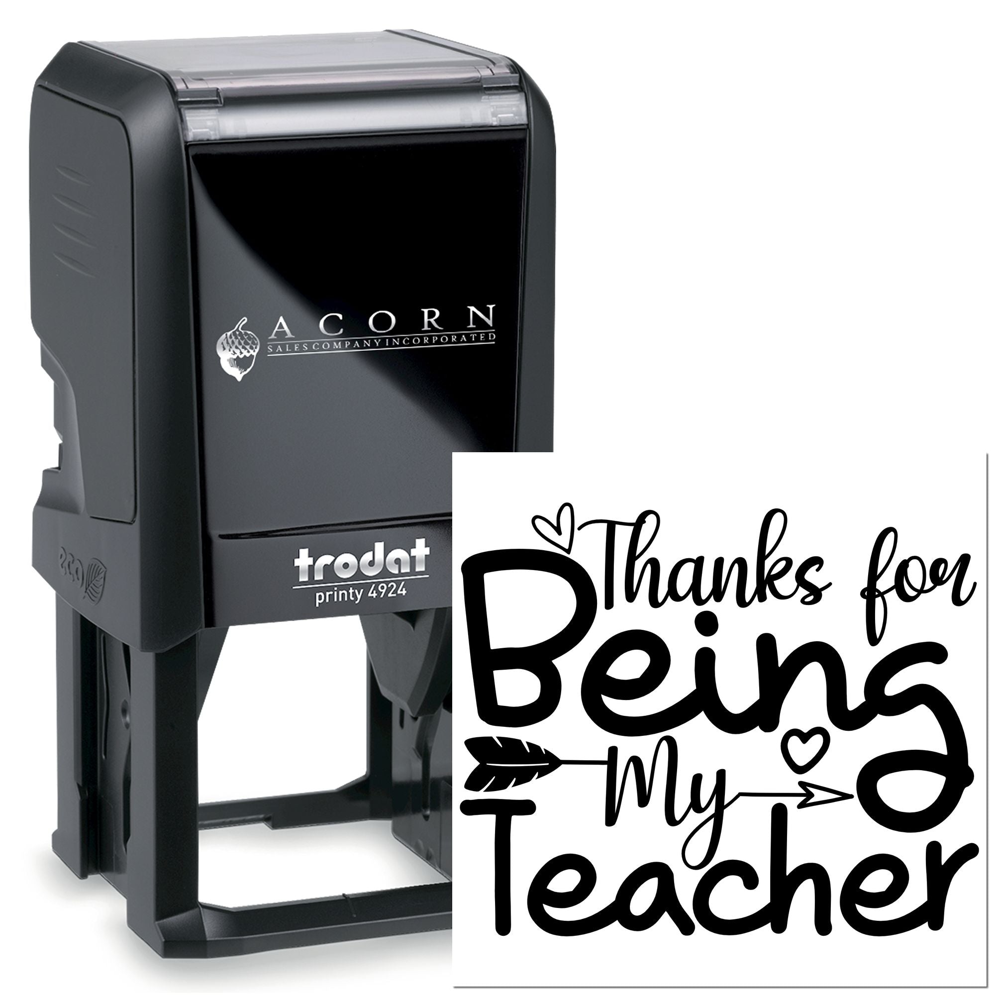 Custom self-inking rubber stamp with Thanks for Being My Teacher design for teacher appreciation gifts and cards.