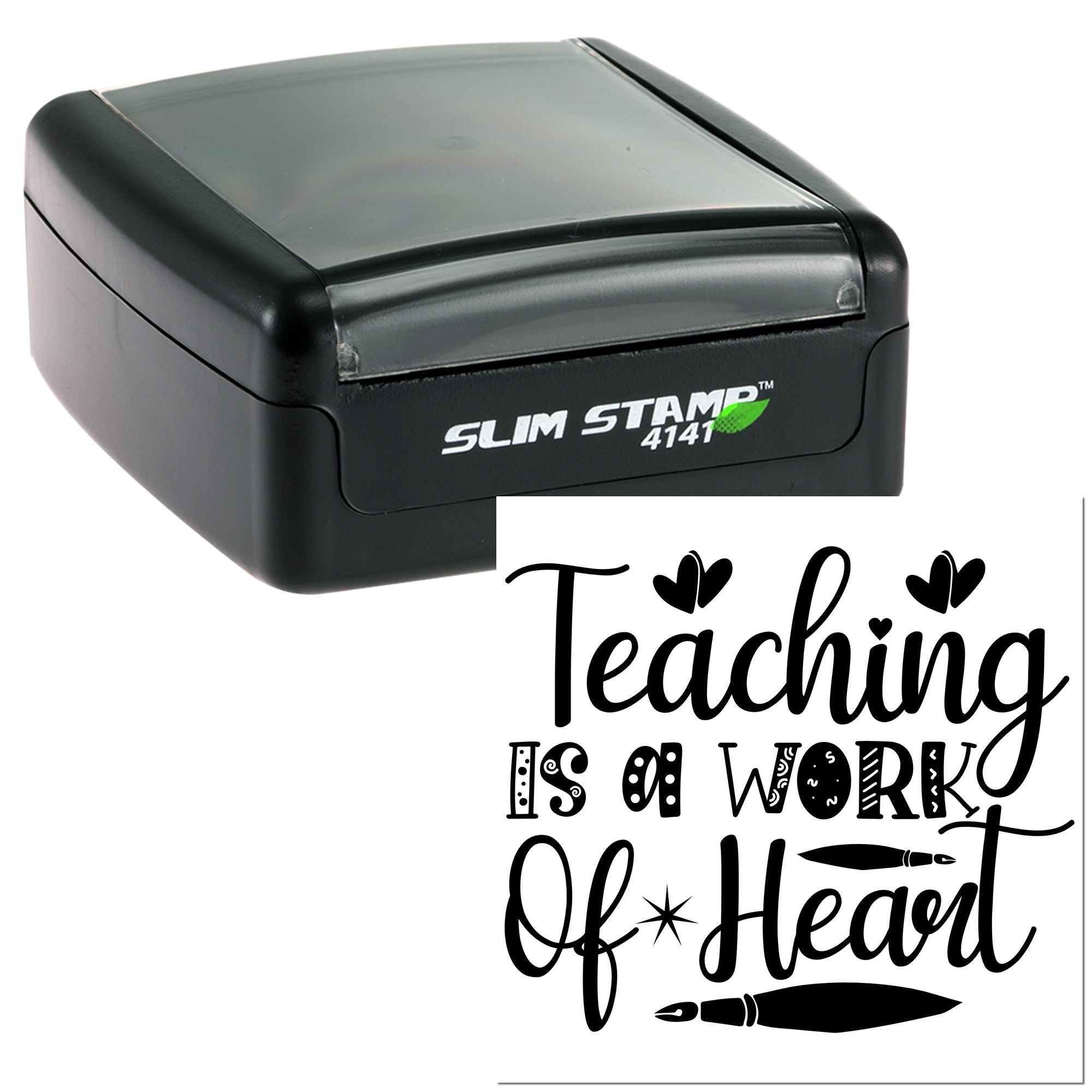 Teacher appreciation self-inking rubber stamp reading Teaching Is a Work of Heart with hearts and pen icons.
