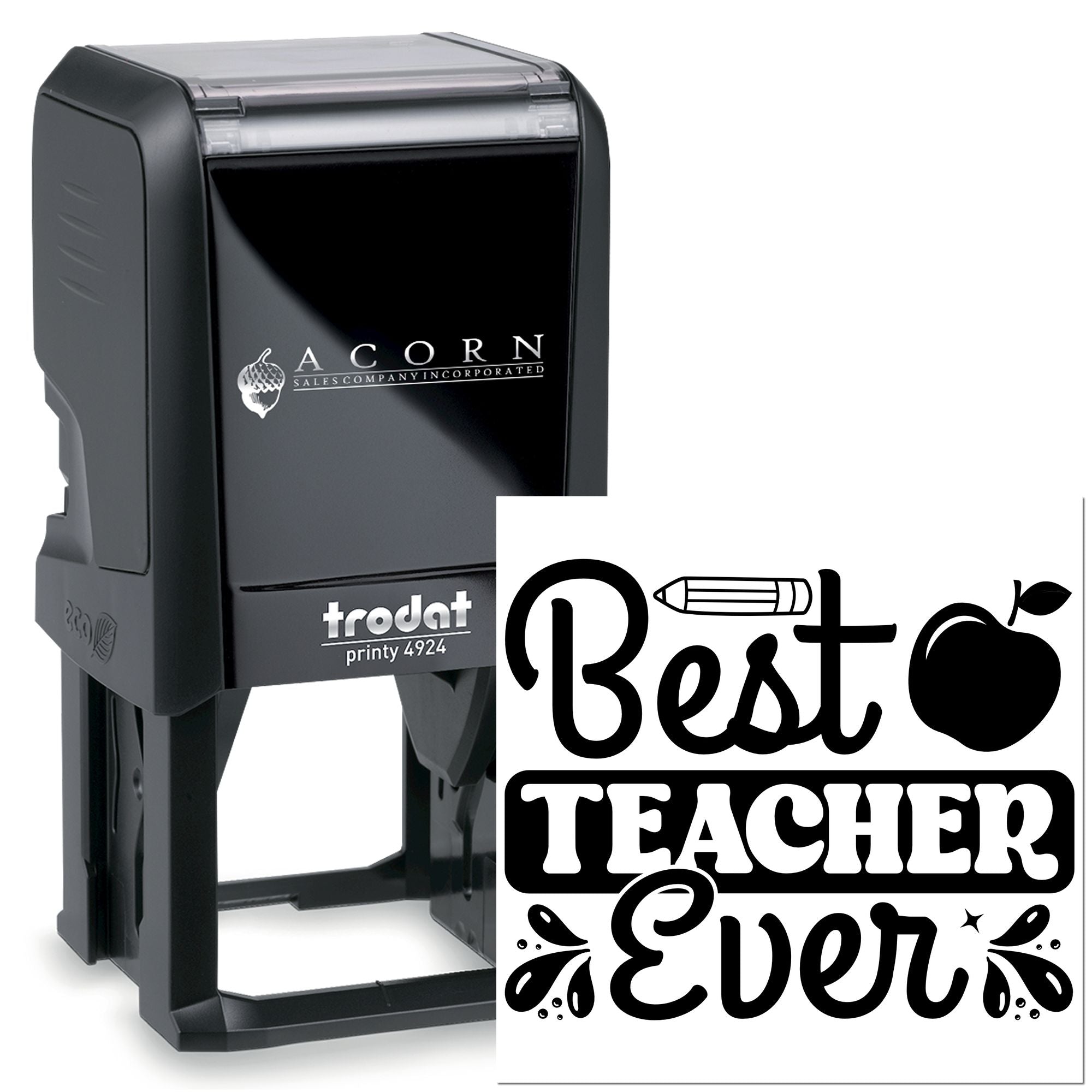Custom Best Teacher Ever self-inking rubber stamp for teachers, featuring apple and pencil design, Trodat Printy 4924.