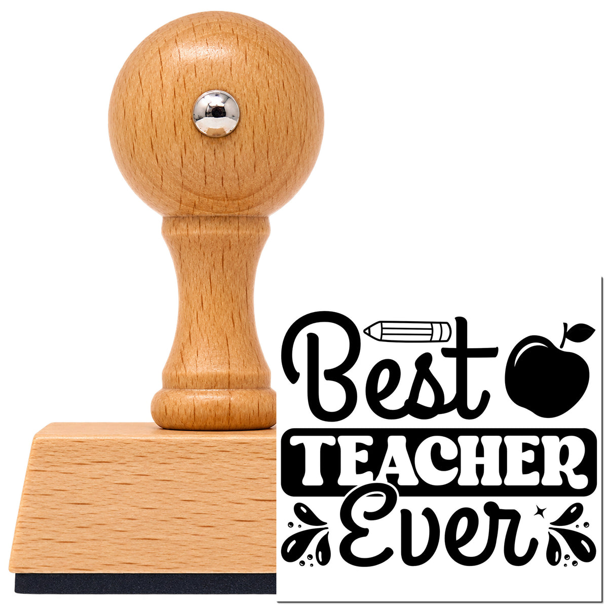 Best Teacher Ever Apple Pencil Motif Vintage Pro rubber stamp in European beech wood with a round knob handle, shown beside its black imprint.