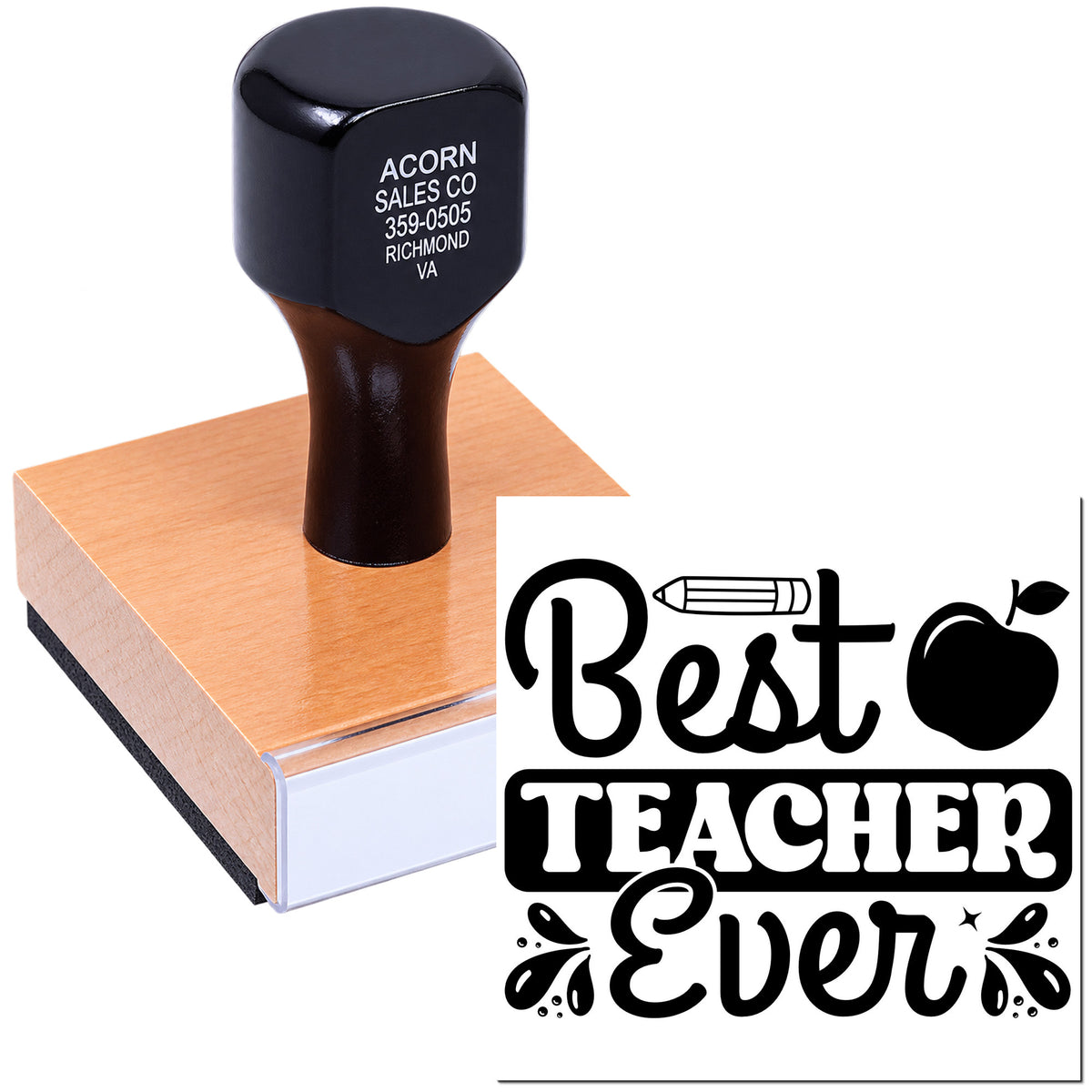 Best Teacher Ever rubber stamp with apple and pencil design for classroom gifts, school crafts, and teacher appreciation.