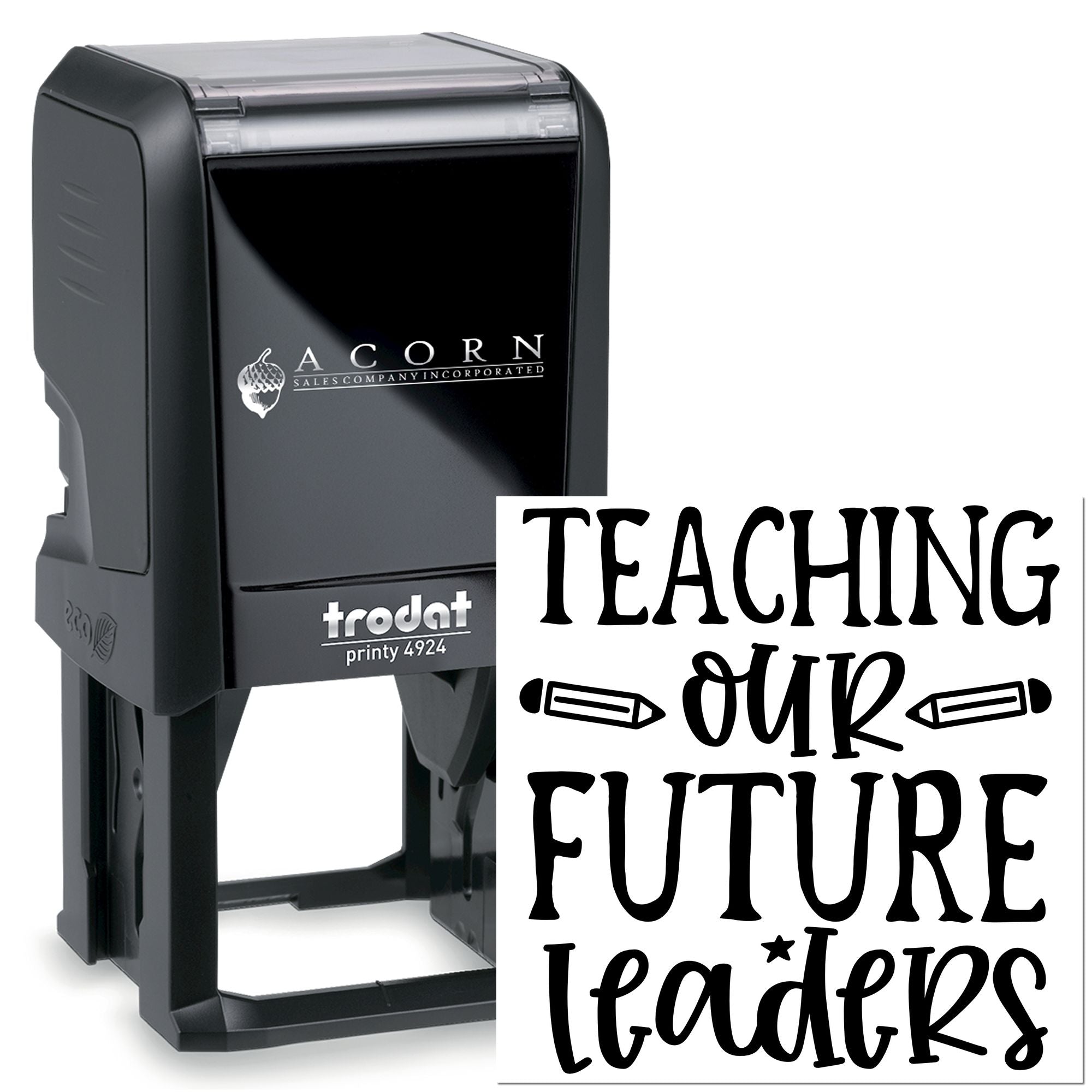 Self-inking teacher rubber stamp with custom Teaching Our Future Leaders design for classroom use.