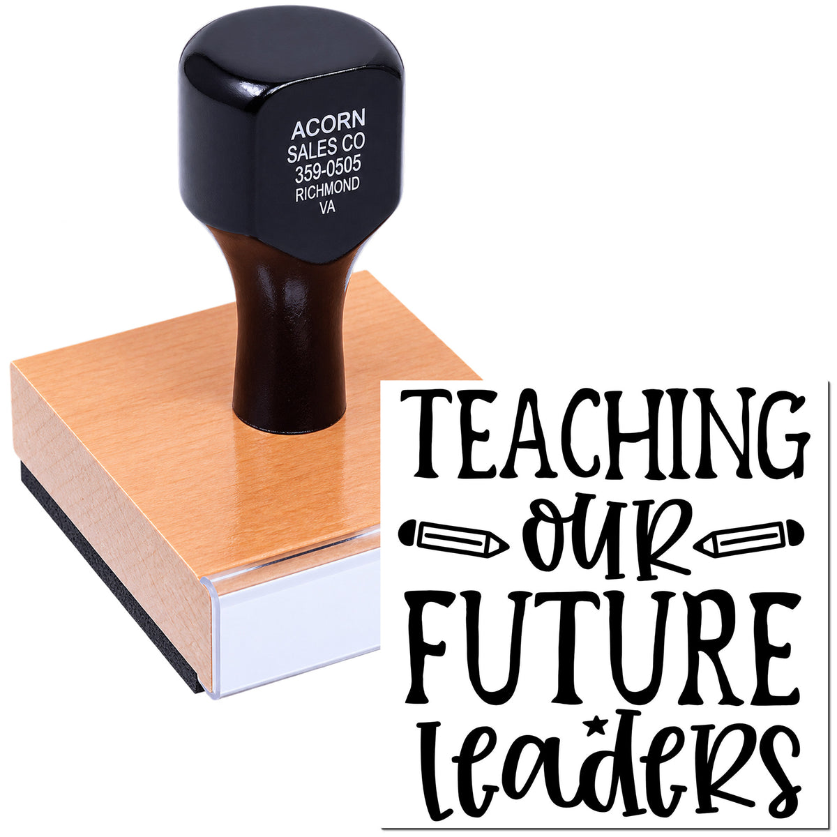 Teaching Our Future Leaders custom rubber stamp with wooden handle, ideal for teacher crafts, classroom projects, and stationery.