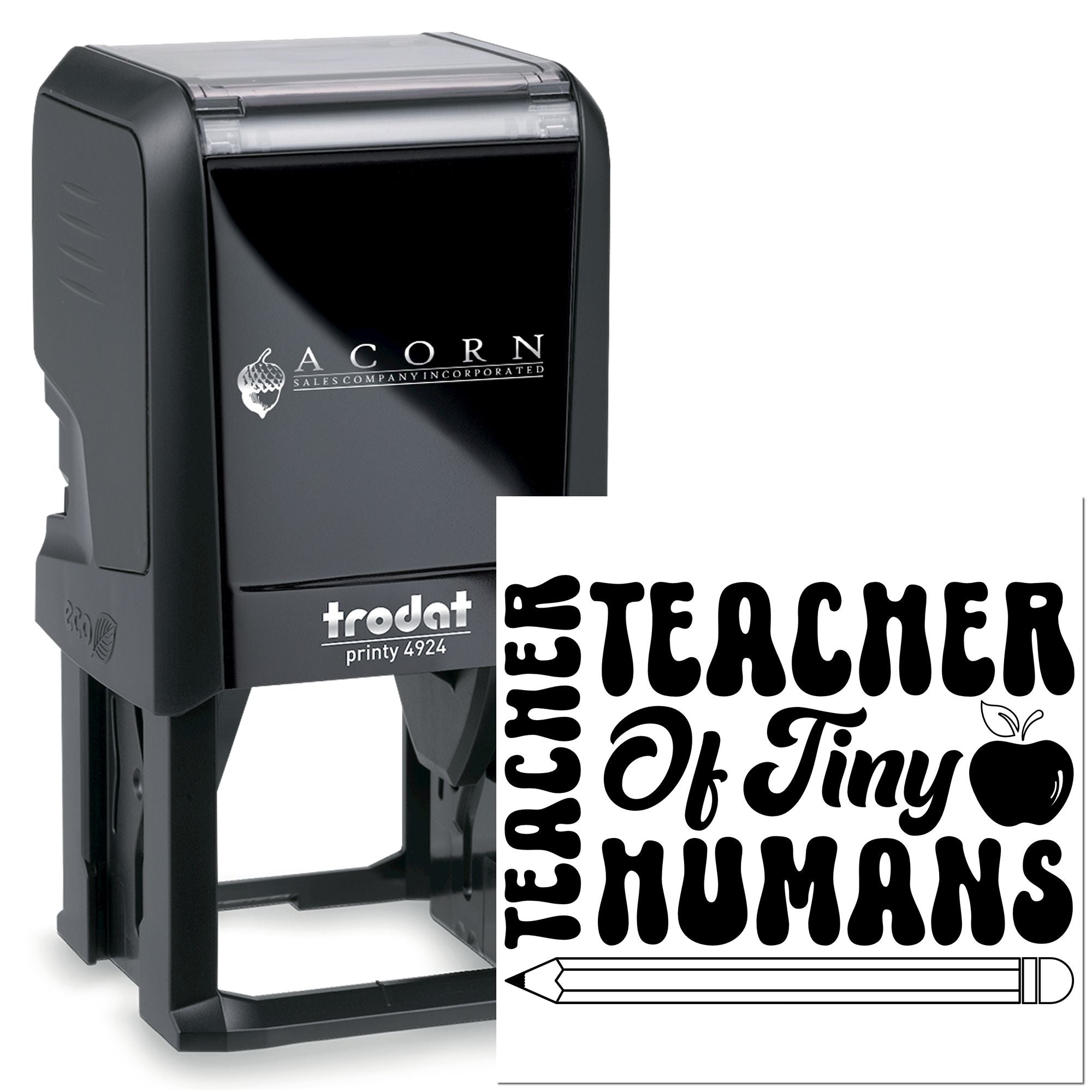 Trodat self-inking rubber stamp with custom Teacher of Tiny Humans design for educators.
