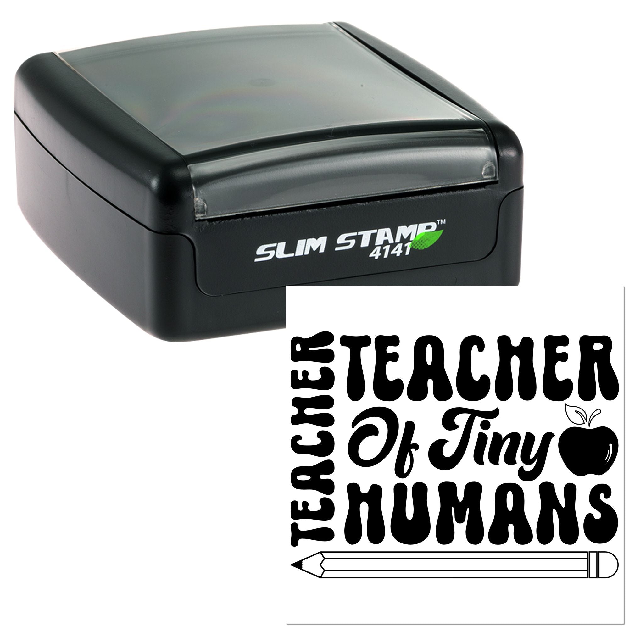Custom self-inking teacher rubber stamp with Teacher of Tiny Humans design, apple icon and pencil for classroom use.