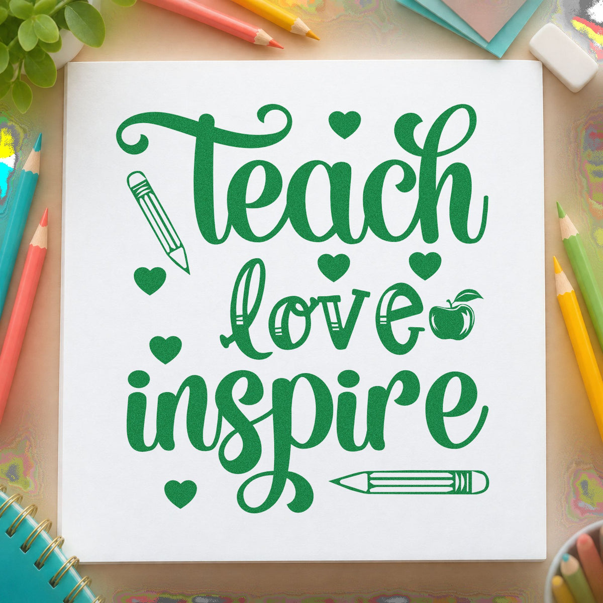 Teach Love Inspire Hearts Wood Handle Stamp in use 8