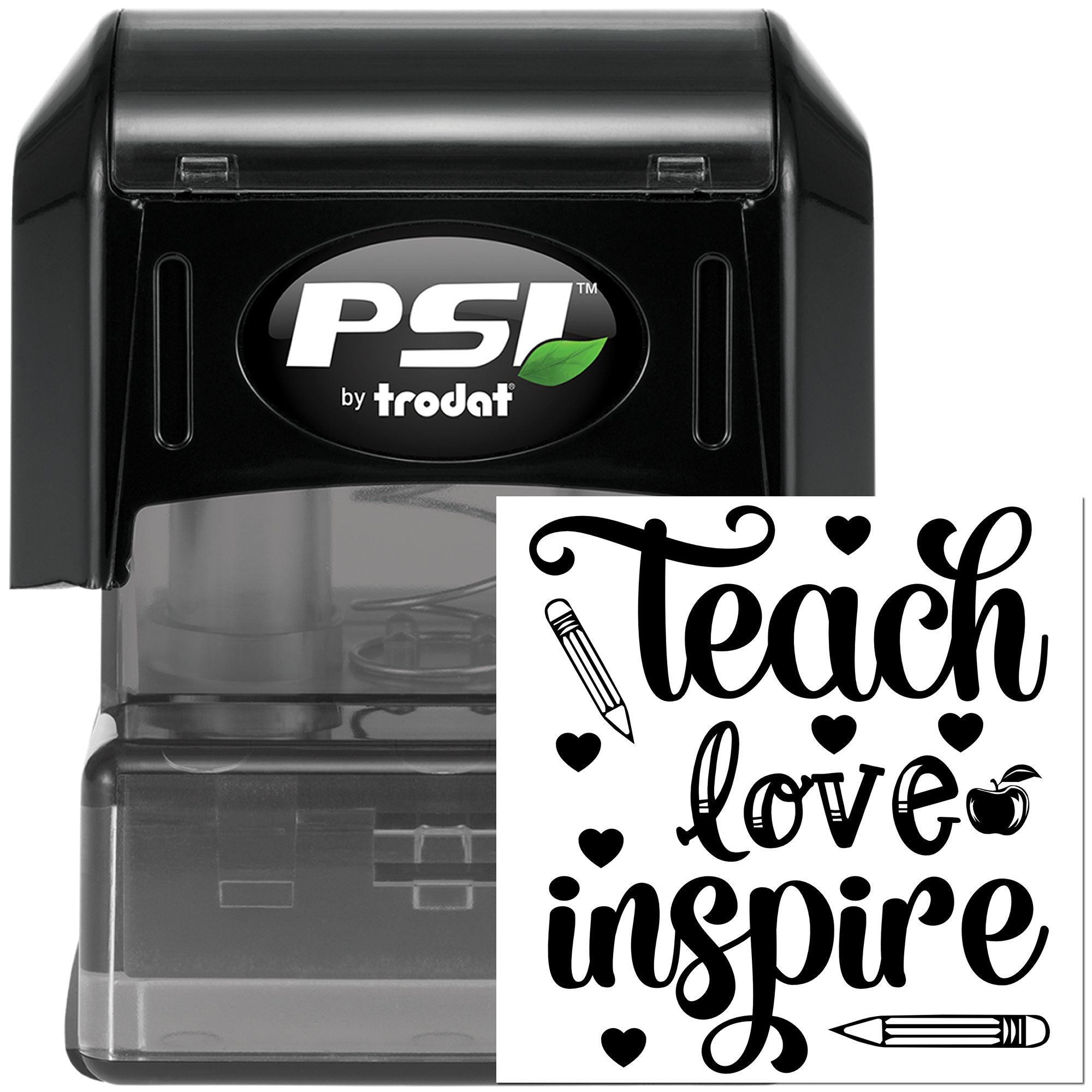 PSI by Trodat self-inking rubber stamp featuring Teach Love Inspire design for teacher crafts, classroom labeling, and DIY projects.
