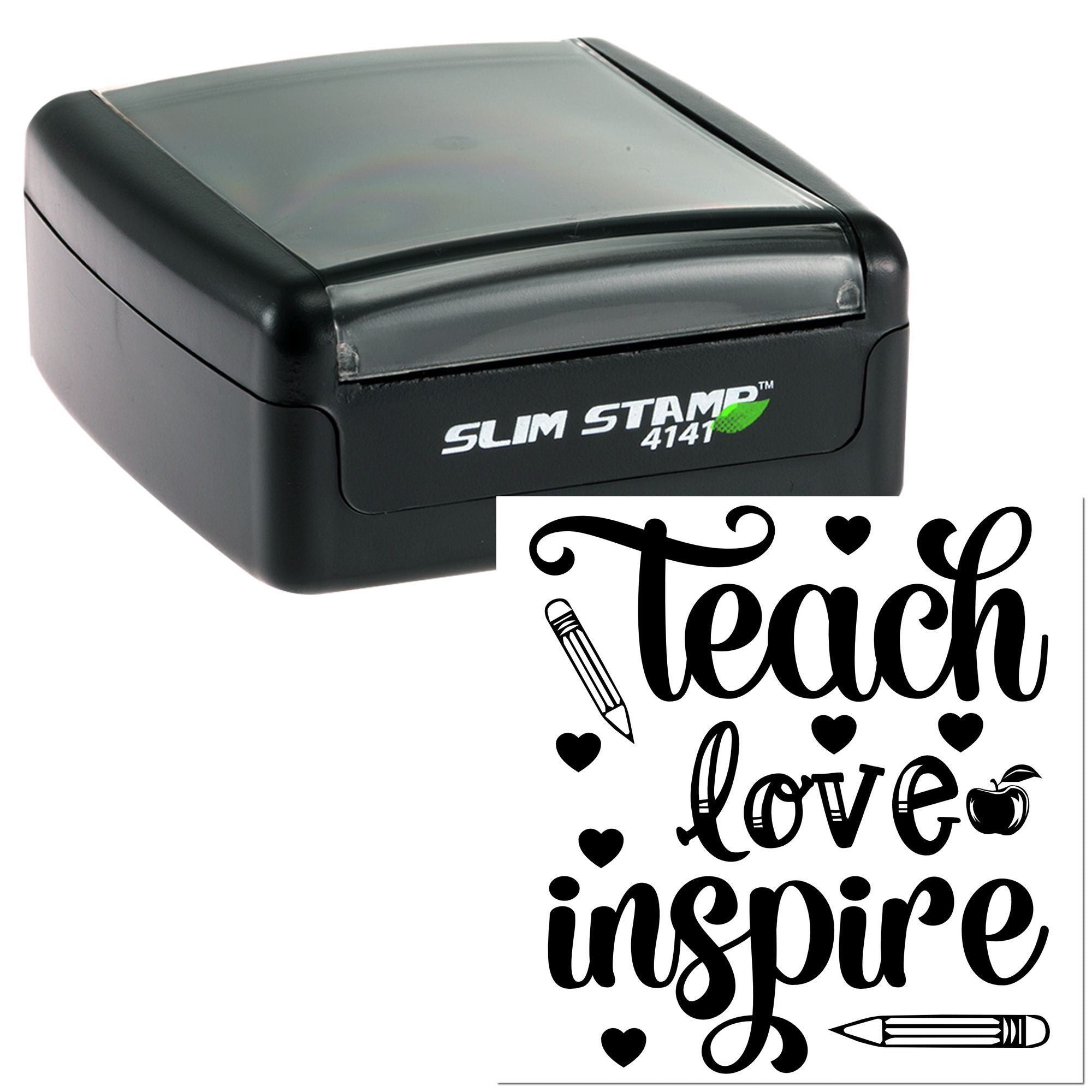 Slim Stamp self-inking rubber stamp with Teach Love Inspire design for teachers, featuring hearts, pencils and apple.