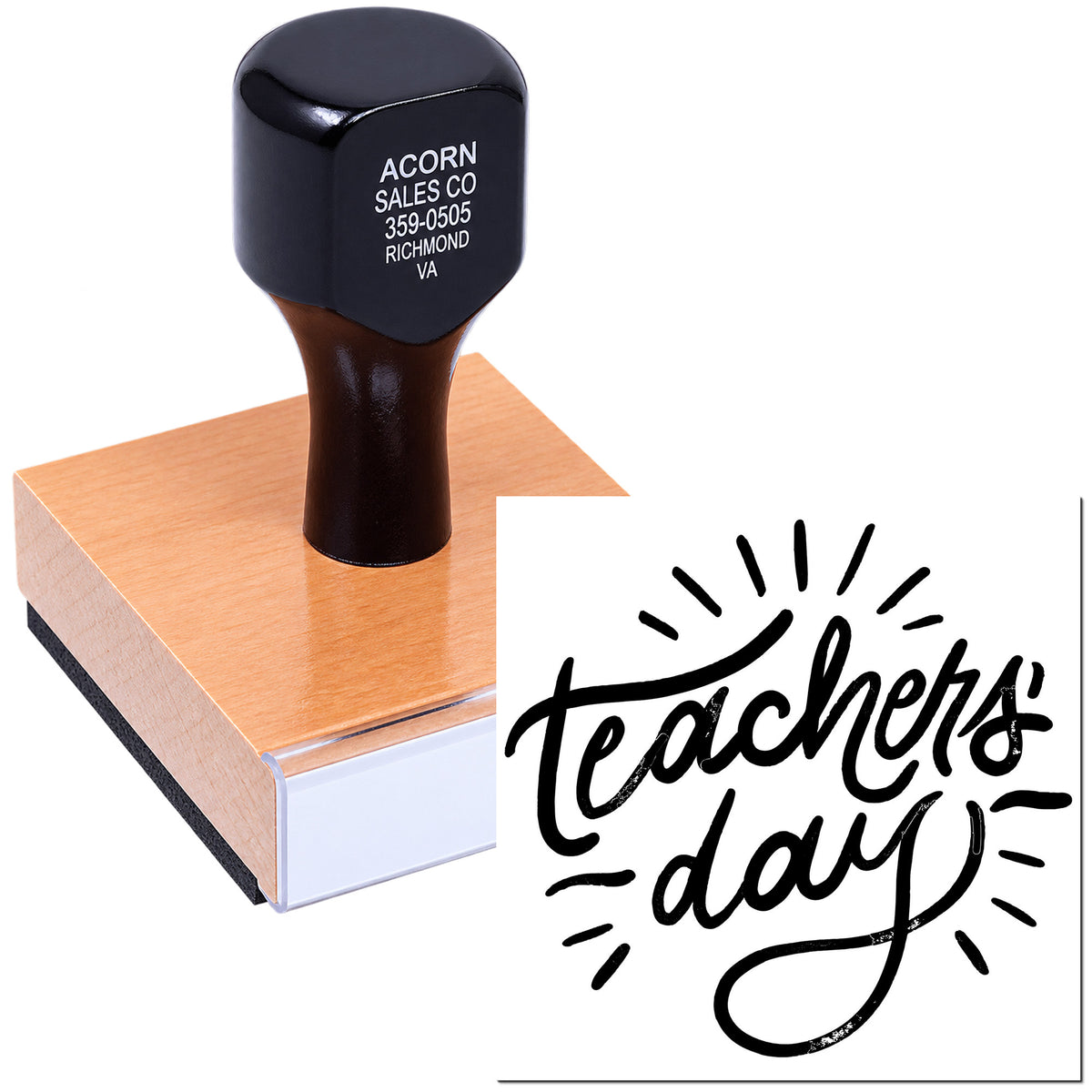 Custom rubber stamp on wooden base with Teachers Day design, ideal for personalized school or office stamping.