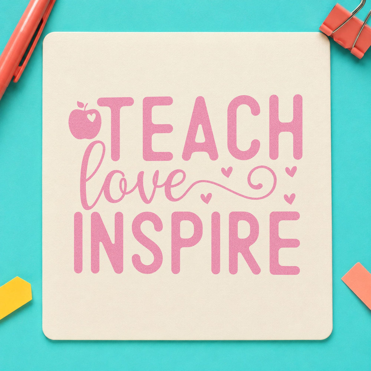 Teach Love Inspire Apple Hearts craft stamp in purple ink on cardstock, an easy option for seedling gift tags.