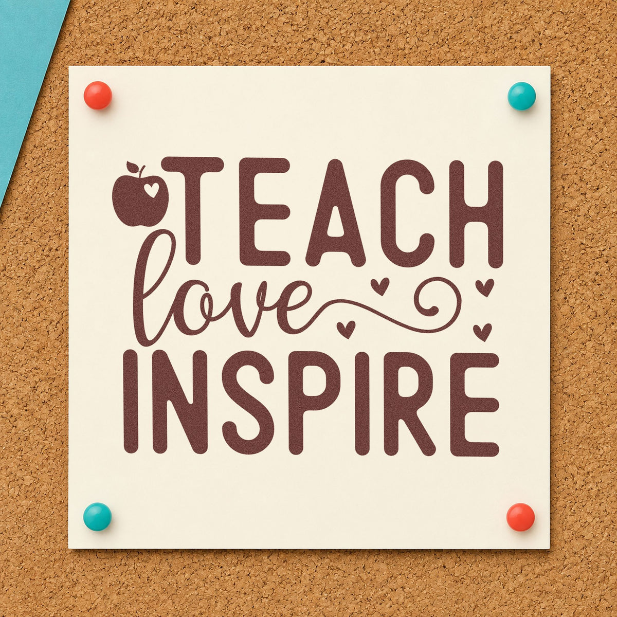 Teach Love Inspire Apple Hearts rubber stamp printed in brown ink, ready for herb pot labels and similar paper crafts.