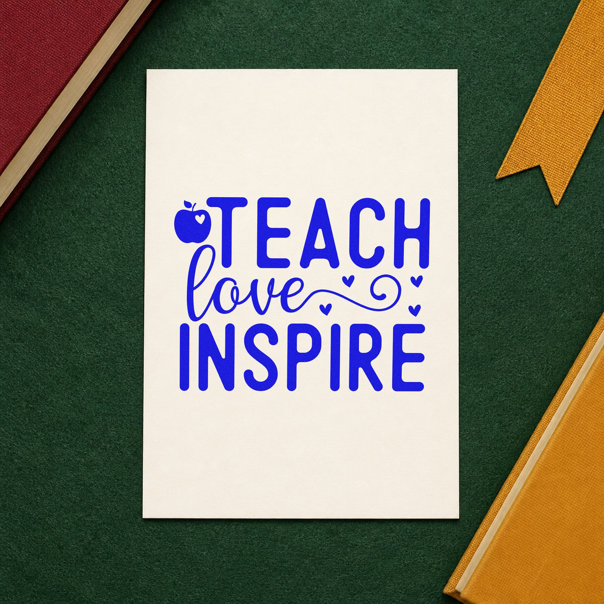 Teach Love Inspire Apple Hearts craft stamp in blue ink on cardstock, an easy option for sun hat brim panels.