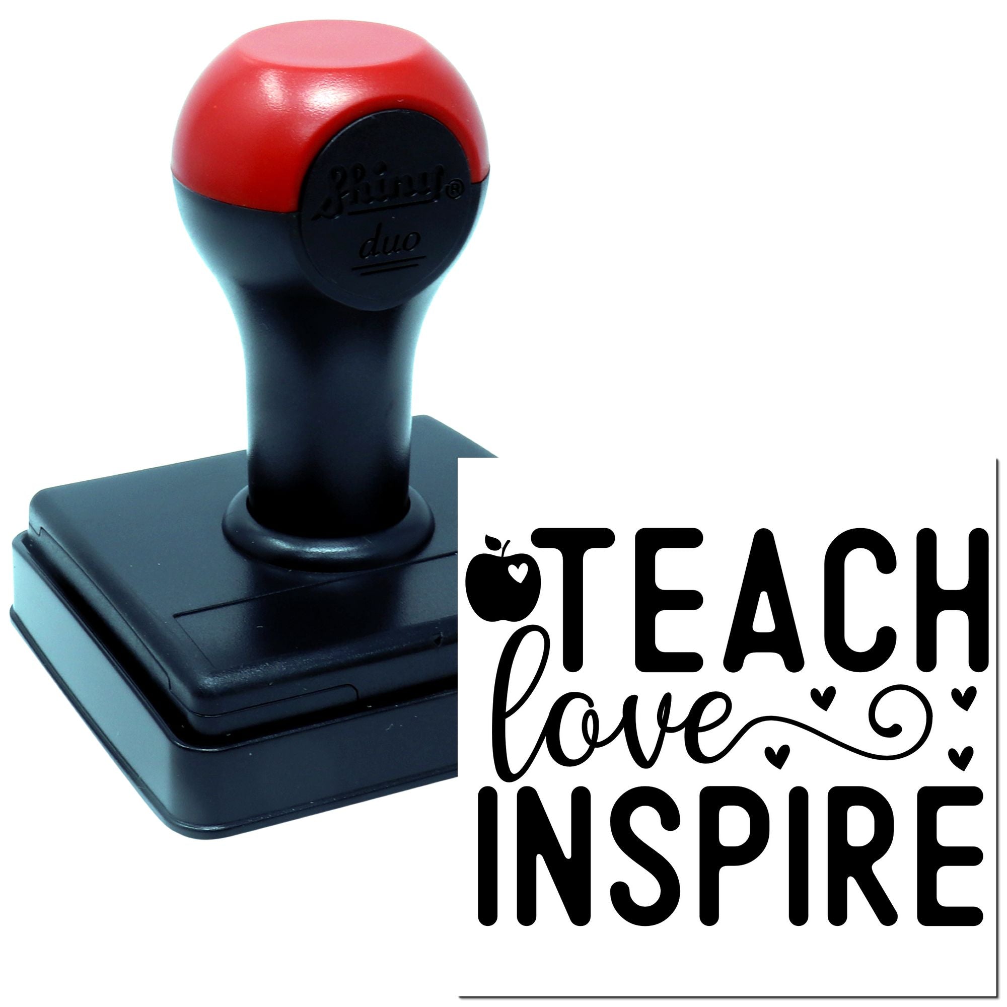 Teacher rubber stamp with Teach Love Inspire design for classroom marking, crafts, and motivational messages.