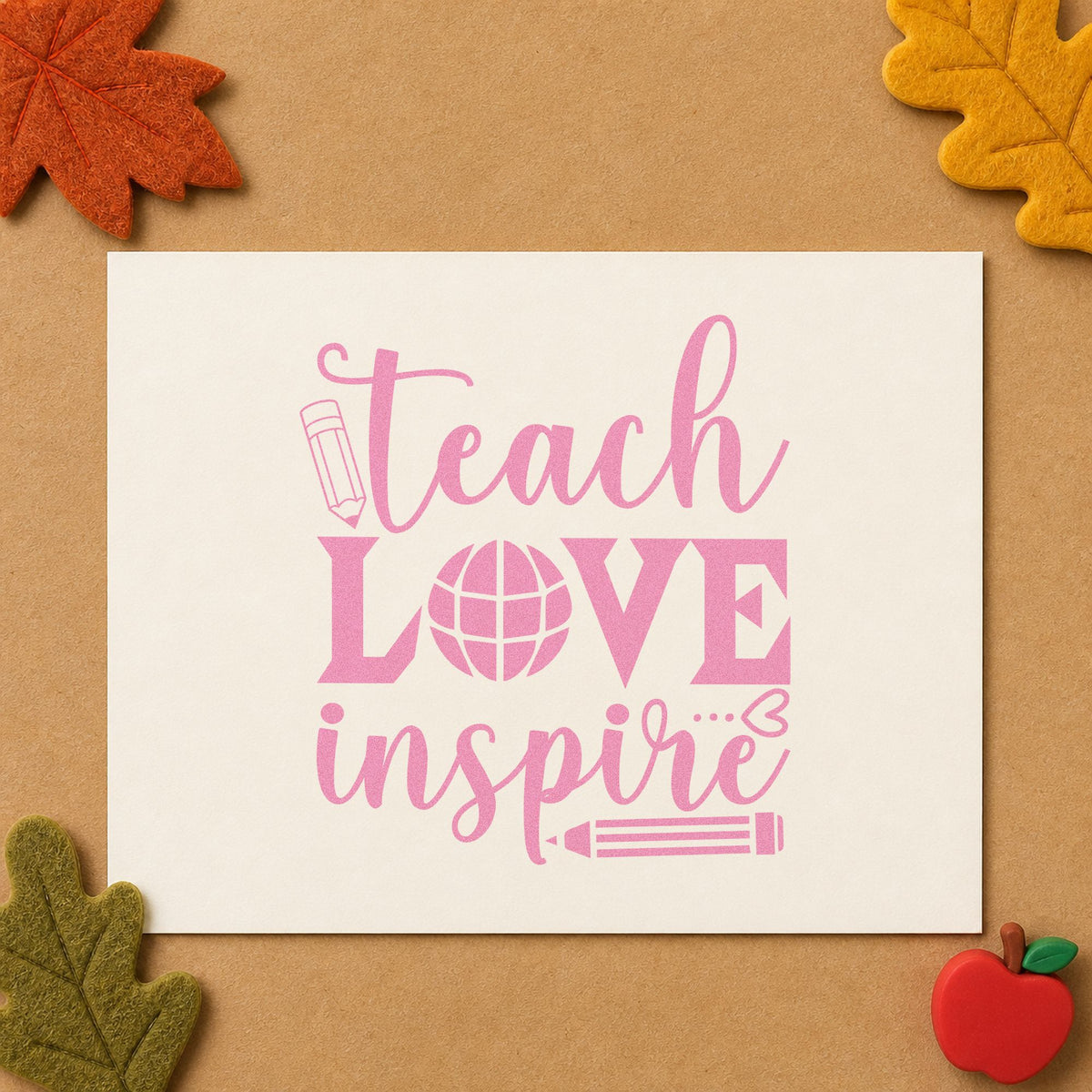 Teach Love Inspire Globe craft stamp in purple ink on cardstock, an easy option for sabbatical tags.