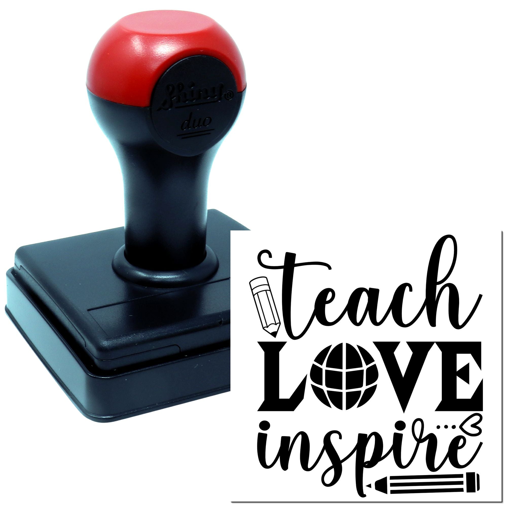 Self-inking teacher rubber stamp with Teach Love Inspire design, ideal for classroom use with pencil and globe icons.