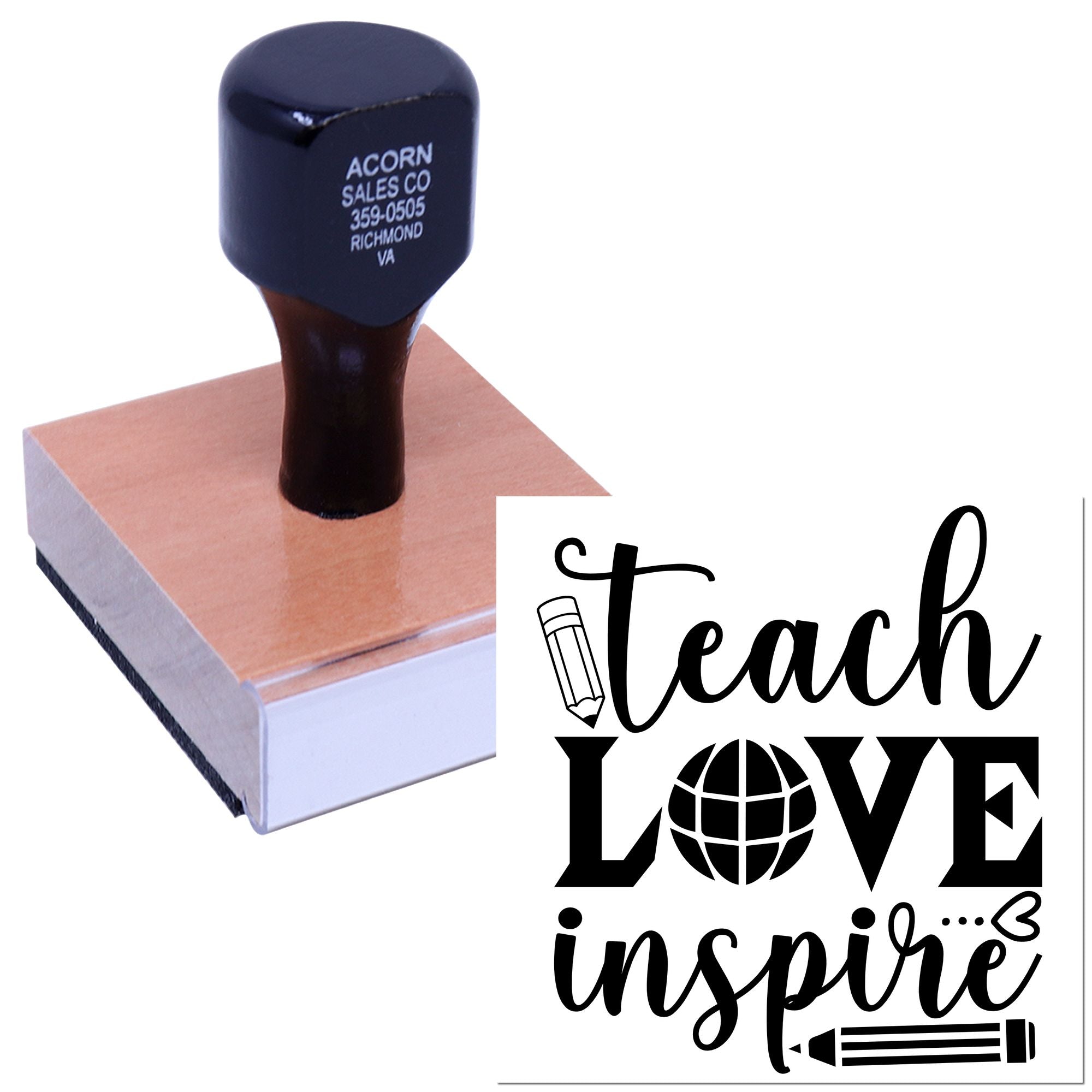 Custom teacher rubber stamp with Teach Love Inspire design on a wooden block, perfect for classroom crafts and cards.