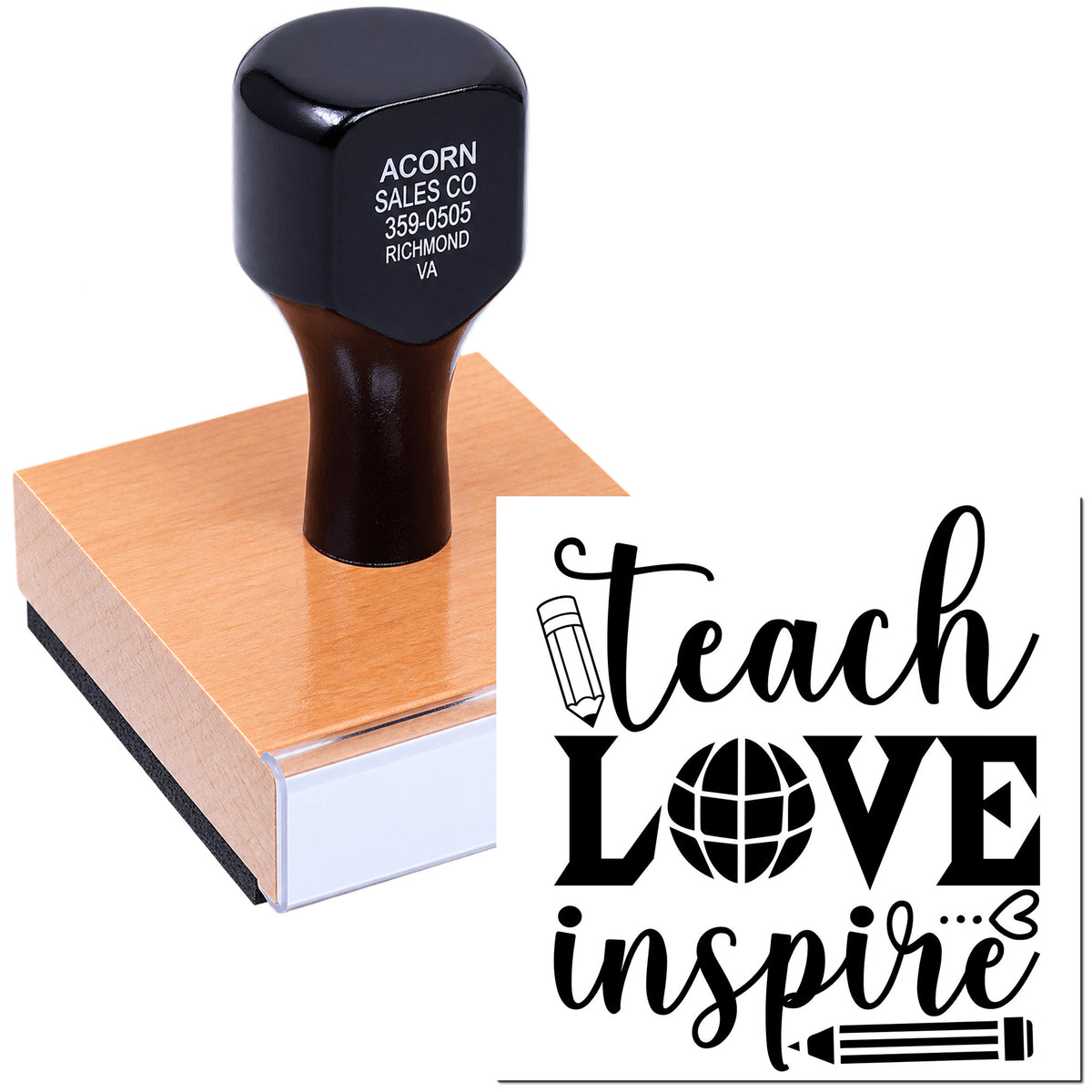 Custom teacher rubber stamp with Teach Love Inspire design on a wooden block, perfect for classroom crafts and cards.