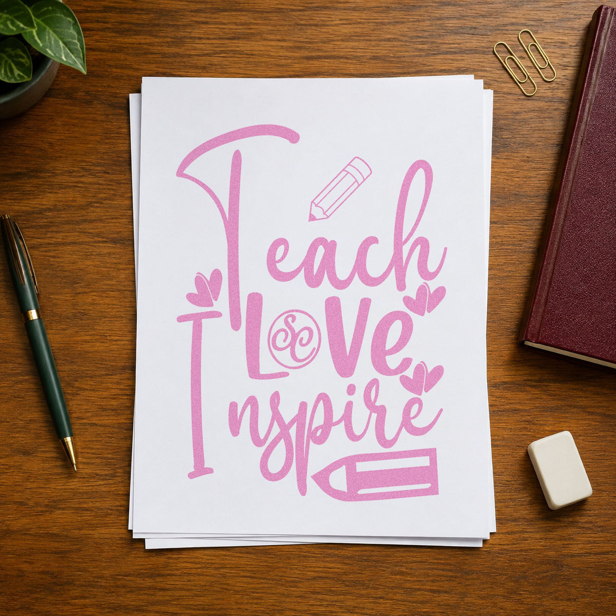 Teach Love Inspire Pencil Flourish craft stamp in purple ink on cardstock, an easy option for alphabet set tags.