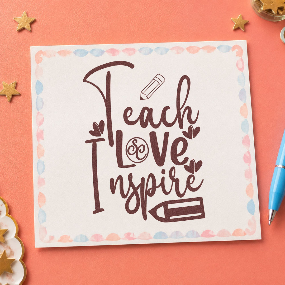 Teach Love Inspire Pencil Flourish rubber stamp printed in brown ink, ready for guide sheet labels and similar paper crafts.