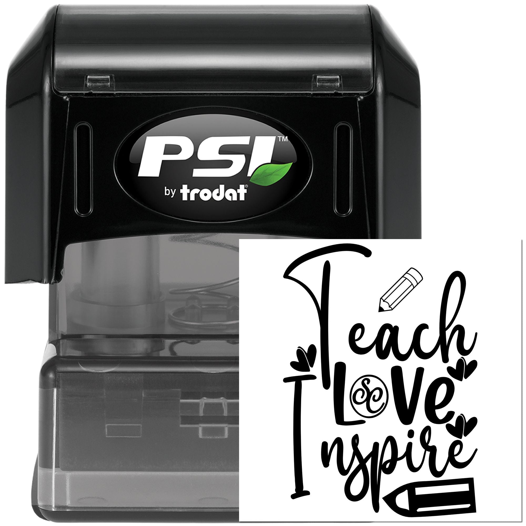 PSI by Trodat self-inking rubber stamp with Teach Love Inspire design, ideal for teacher gifts, classroom notes, and crafts.
