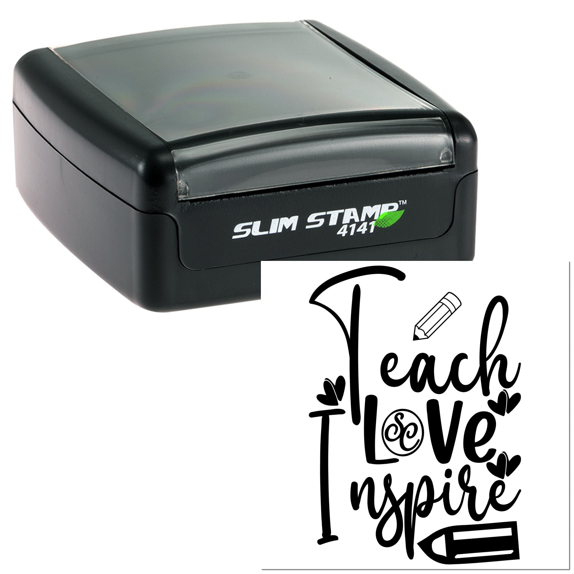 Slim self-inking rubber stamp with Teach Love Inspire design, ideal for teachers and classroom use.